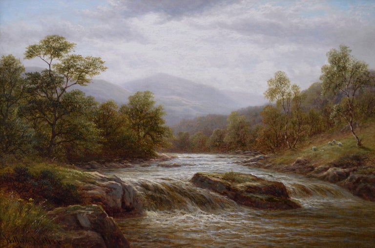 19th Century landscape oil painting of a Welsh river - Painting by William Mellor