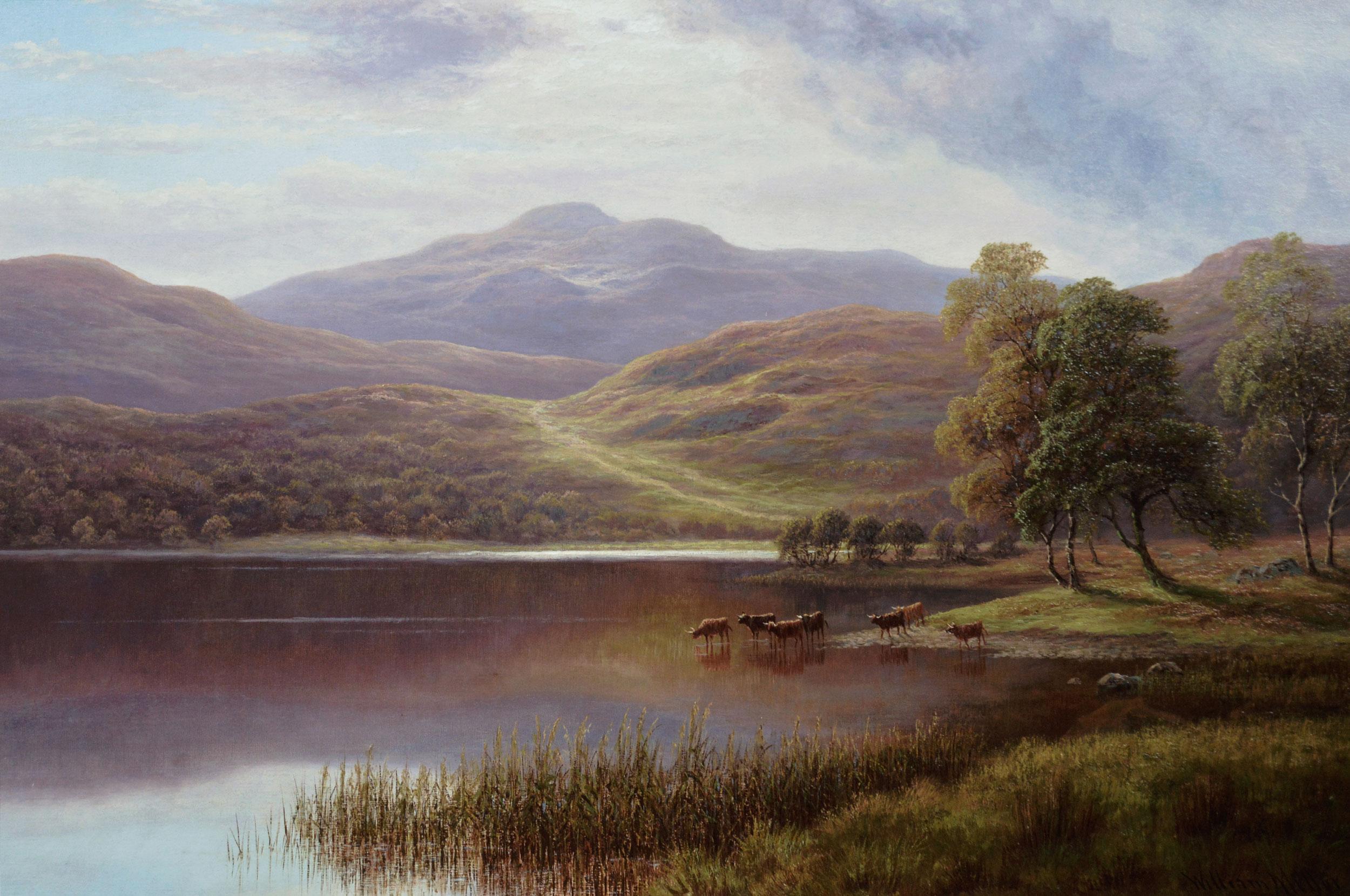 19th Century landscape oil painting of Rydal Lake in the Lake District - Painting by William Mellor