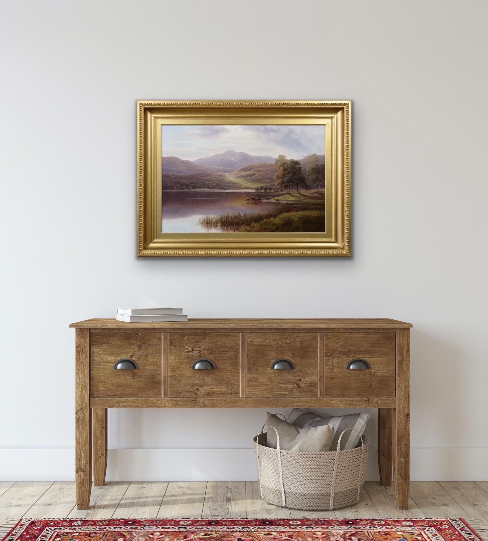 Paesaggio del XIX secolo dipinto a olio del lago Rydal nel Lake District in vendita 3