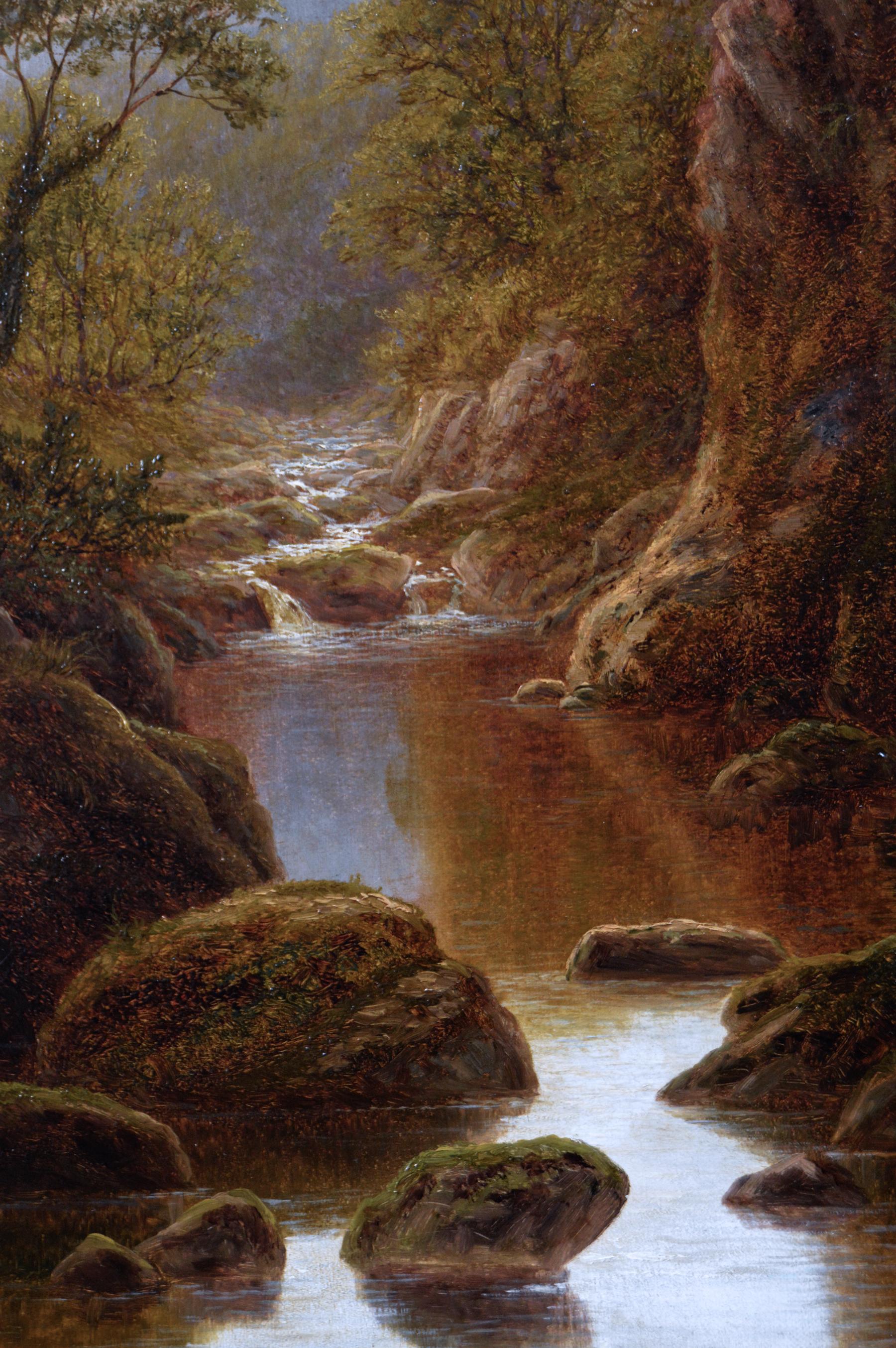 19th Century pair of Welsh river landscape oil paintings - Victorian Painting by William Mellor