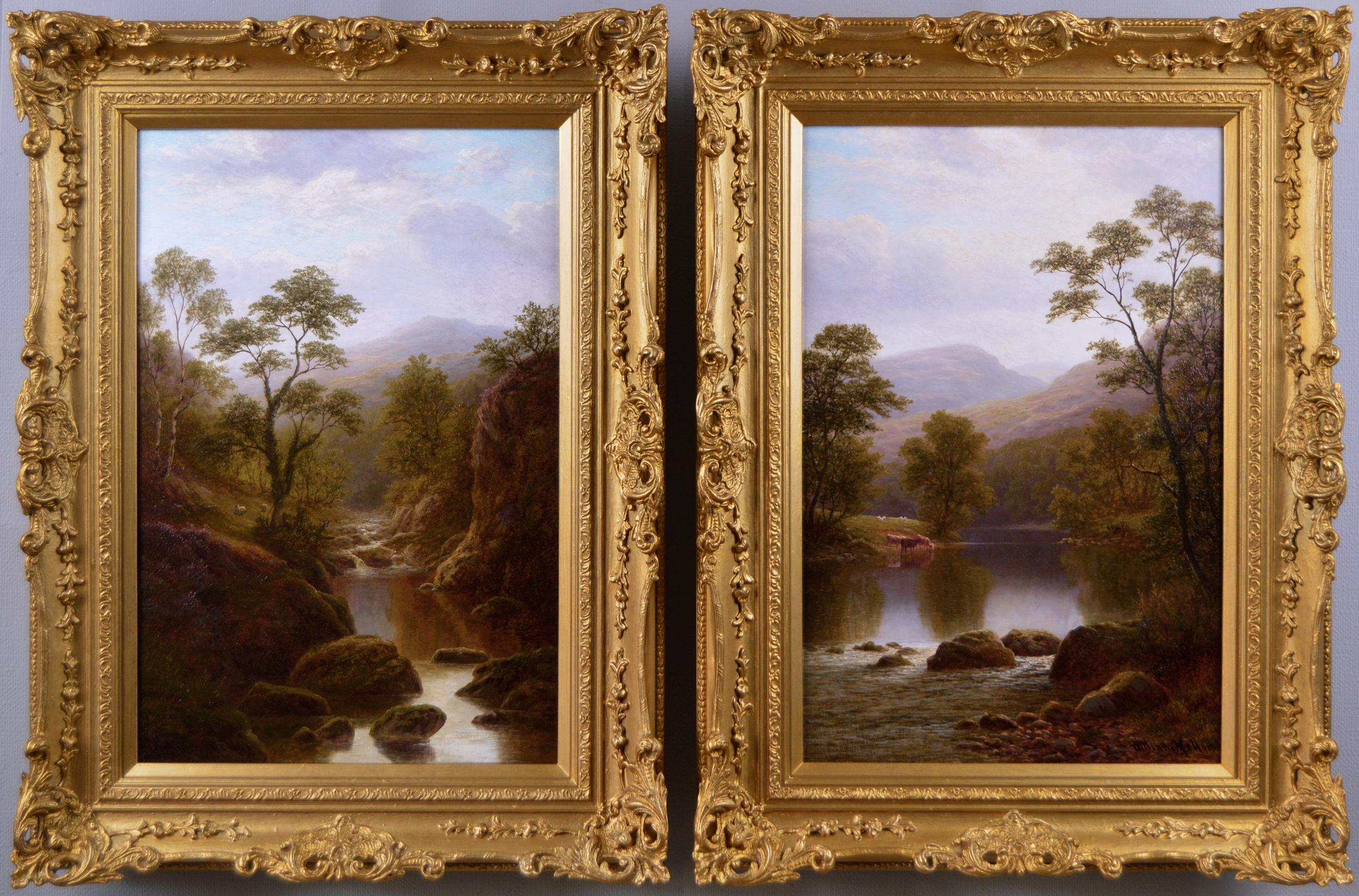 William Mellor Animal Painting - 19th Century pair of Welsh river landscape oil paintings 