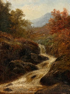 Antique British Oil Painting Highlands Mountain Landscape with Waterfall