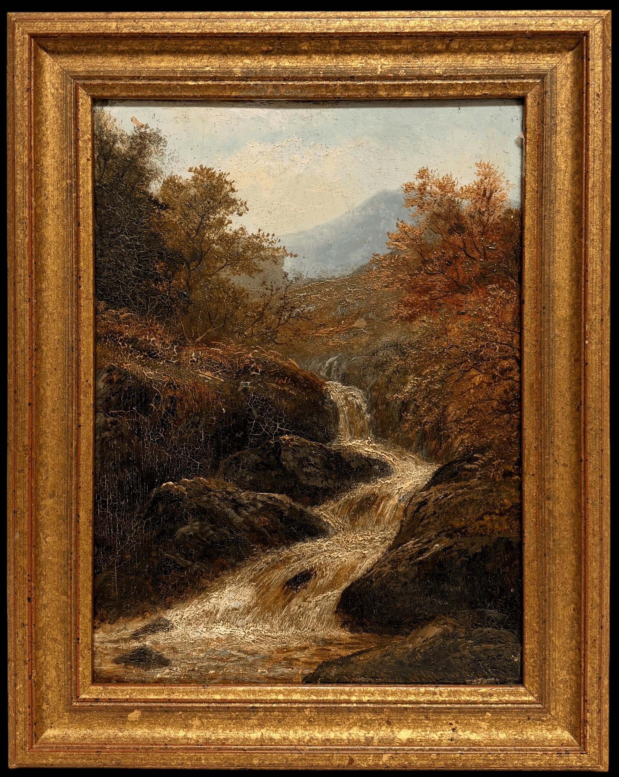 William Mellor Landscape Painting - Antique British Oil Painting Highlands Mountain Landscape with Waterfall