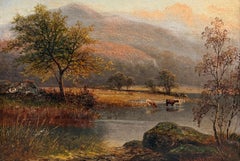 Cattle Watering in Highland Autumn Landscape Antique Victorian British Oil