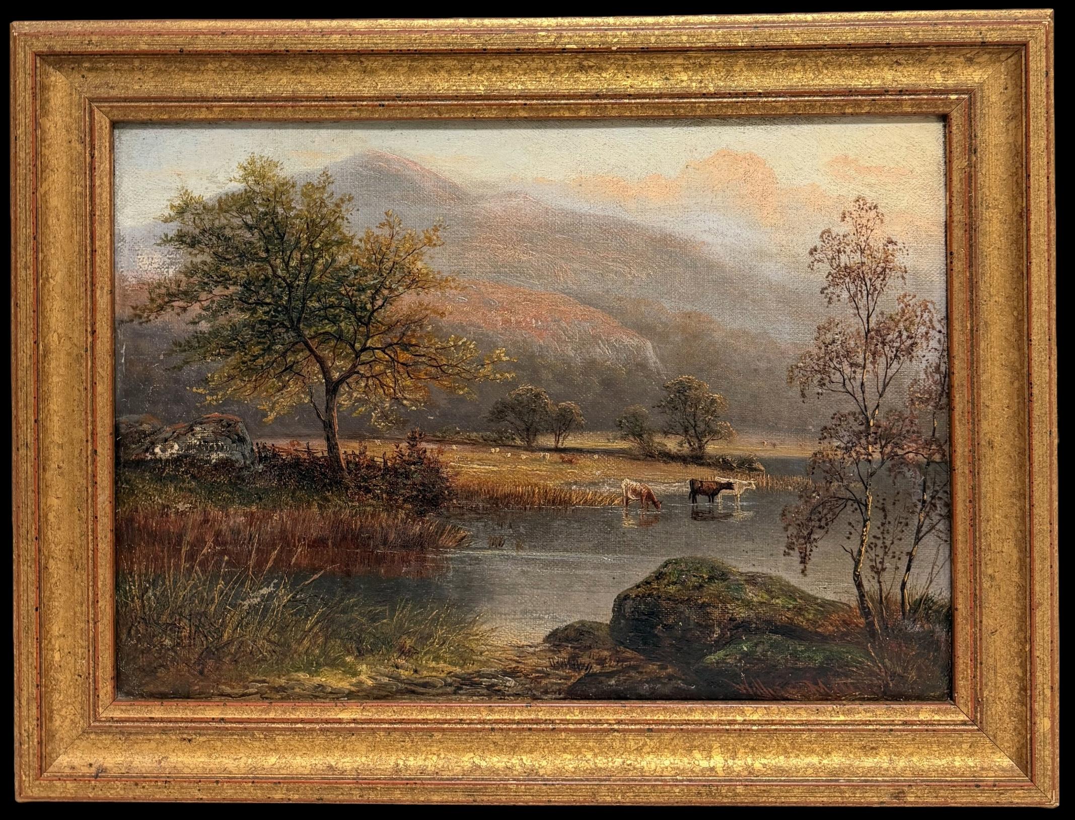 Cattle Watering in Highland Autumn Landscape Antique Victorian British Oil