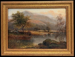 Cattle Watering in Highland Autumn Landscape Antique Victorian British Oil