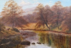 Large Antique British Oil Painting Autumn Reflections Woodland River With Cattle