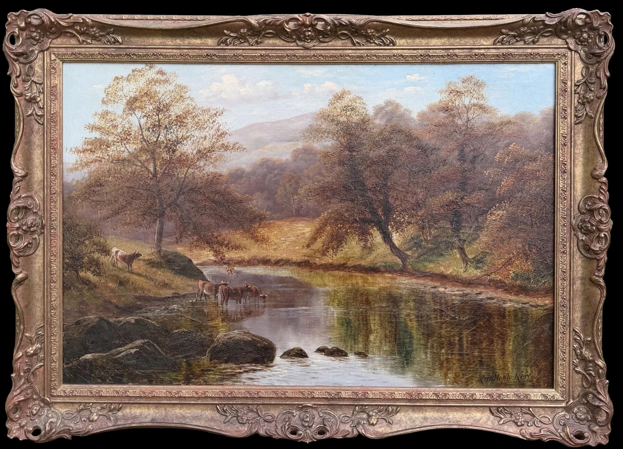 Large Antique British Oil Painting Autumn Reflections Woodland River With Cattle