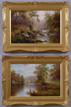 Antique Pair of 19th Century Yorkshire river landscape oil paintings