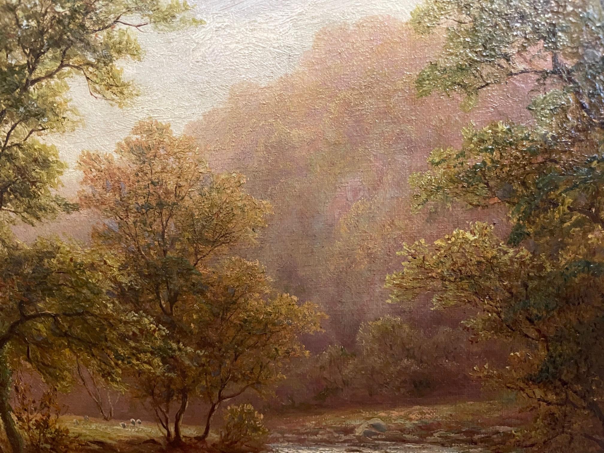 Landscape painting of stream and autumn woods bathed in golden light, by William Mellor (1851-1939). Painting is of Thornton Ghyll, Yorkshire.  Mellor worked in the plein art style, capturing the rural British countryside, rendering scenes with