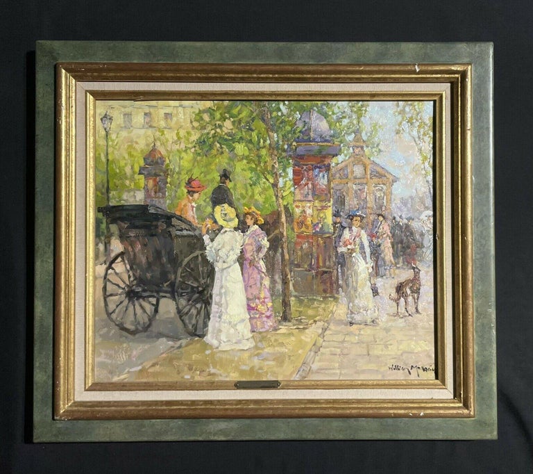 Elegant Scene In Paris - Signed French Impressionist Oil Painting on Canvas - Brown Landscape Painting by William Mercier