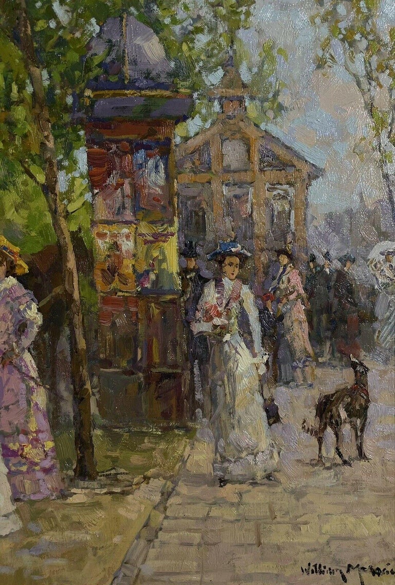 Elegant Scene In Paris - Signed French Impressionist Oil Painting on Canvas For Sale 2