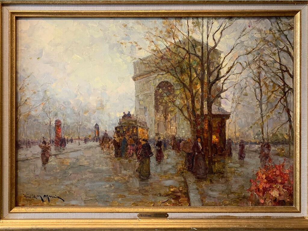 WILLIAM MERCIER (B.1939) SIGNED FRENCH OIL - LE ARC DE TRIOMPHE PARIS AT DUSK - Painting by William Mercier