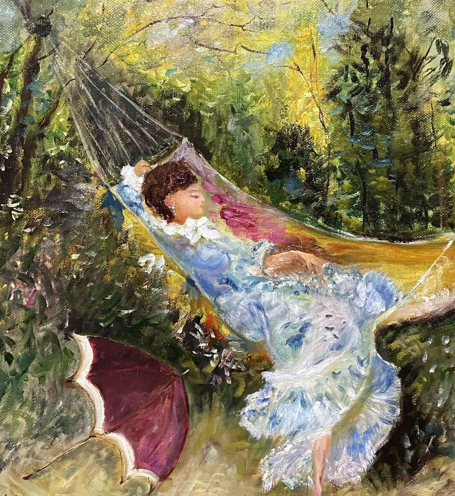 WILLIAM MERCIER (FRENCH 1939) SIGNED IMpressIONIST OIL - LADY IN GARDEN HAMMOCK (Impressionismus), Painting, von William Mercier