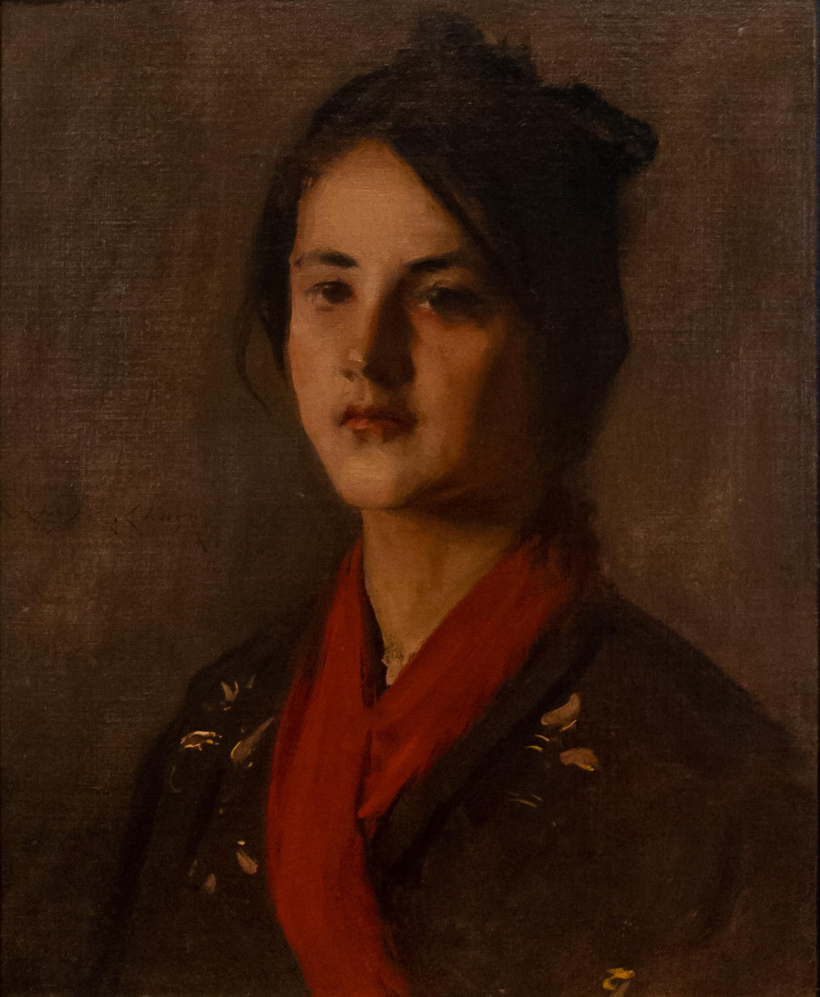 William Merritt Chase Portrait Painting – Grauer Kimono aus Seide