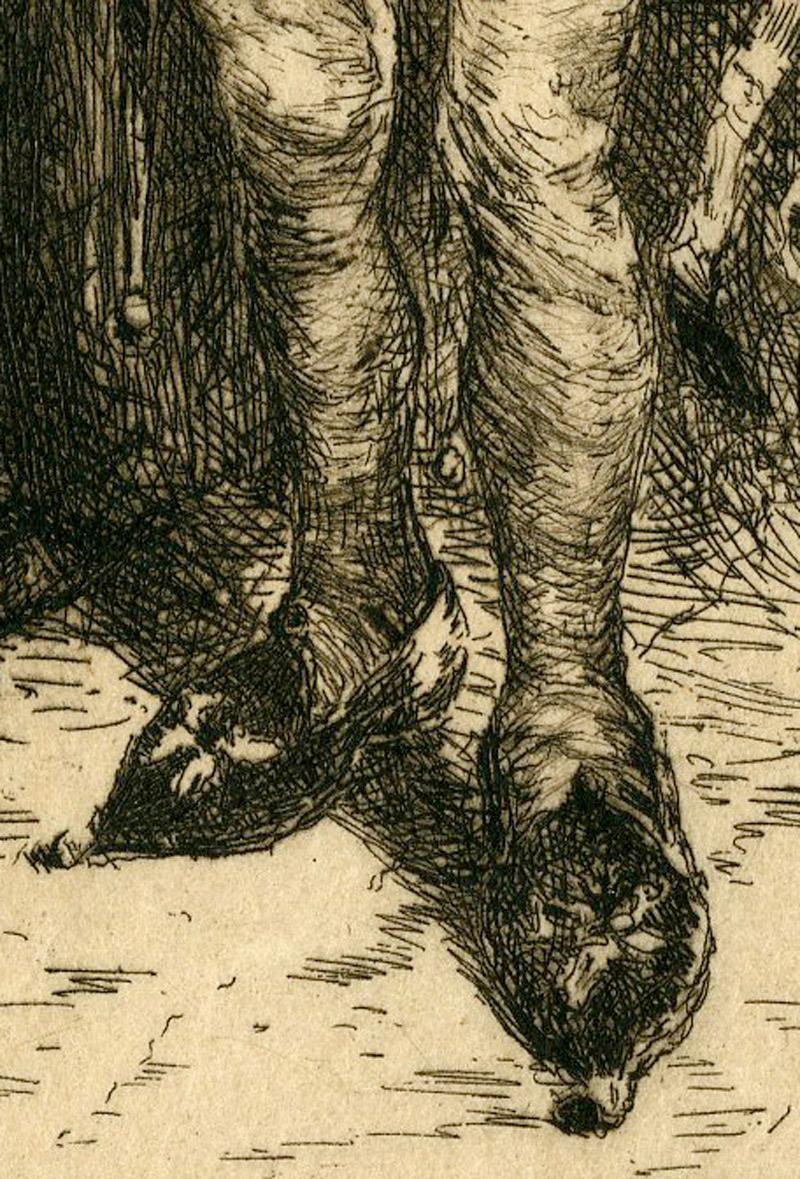 Keying Up - The Court Jester
Etching with drypoint, 1879
Signed in the plate lower left corner (see photos)
Proof before engraved title and engraved names
Printed on thin light golden Japanese tissue paper
In the final state, with engraved titled