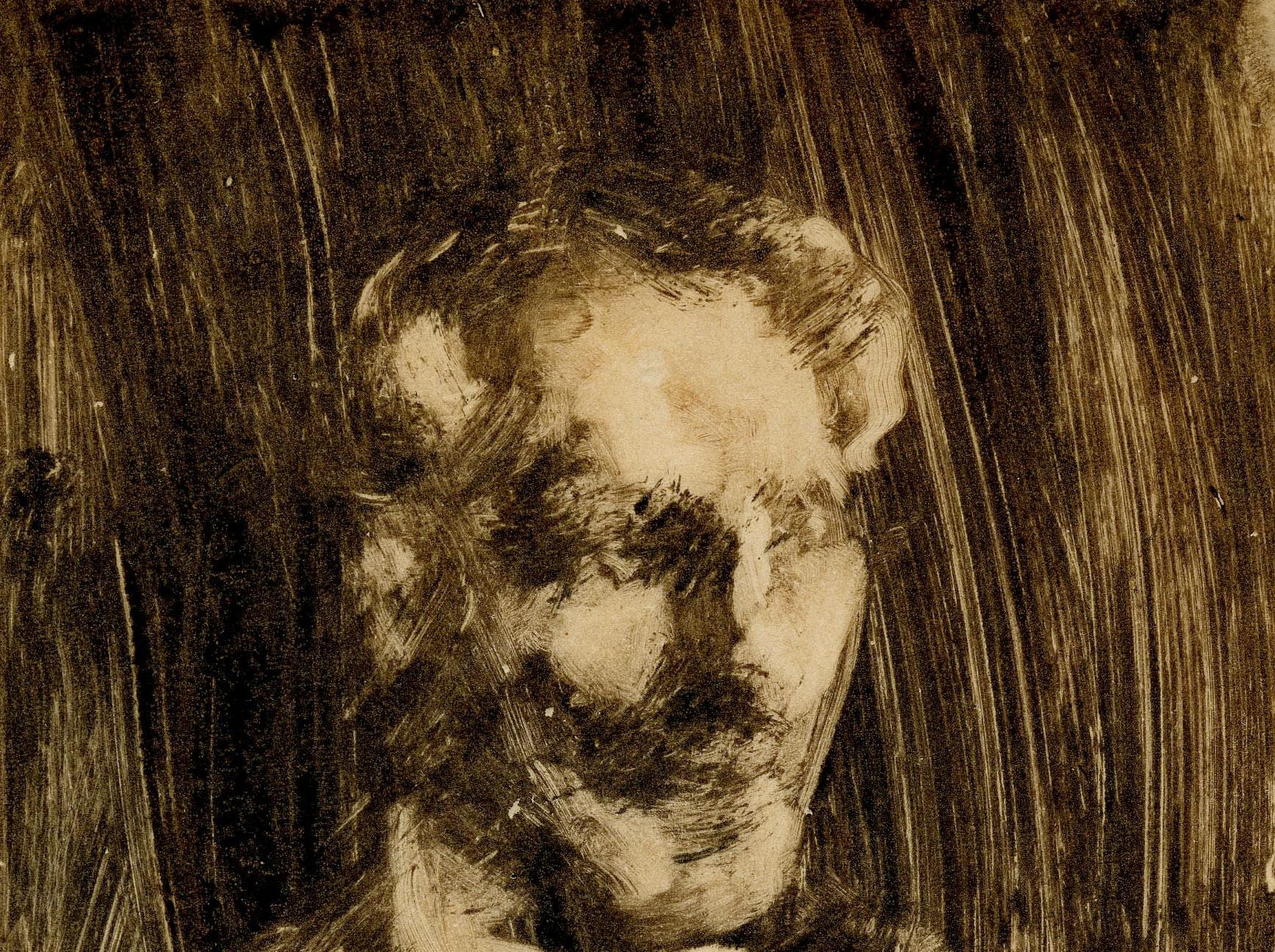 Portrait d'un homme tourné vers la gauche
Monotype imprimé à l'encre brune, c. 1880-1914
Signé à l'encre en bas à gauche : Chase (voir photo)
Provenance :
Helen Chase Storm (la fille de l'artiste)
Jackson Chase Storm (son fils)
Chapellier Galleries