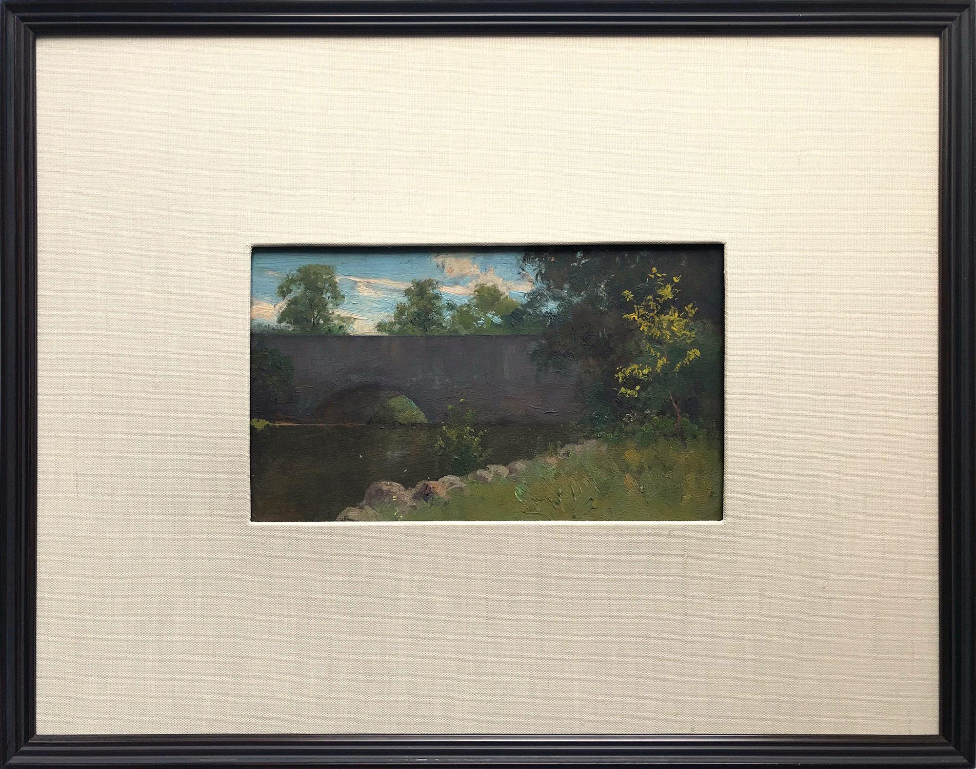 A wonderful example of William Merritt Post Pennsylvania landscape scenes. Done on sight, we are enthralled by the thick brushwork and how the artist has captured the light delicately on the trees, grass, and rocks. The rich texture of the paint and