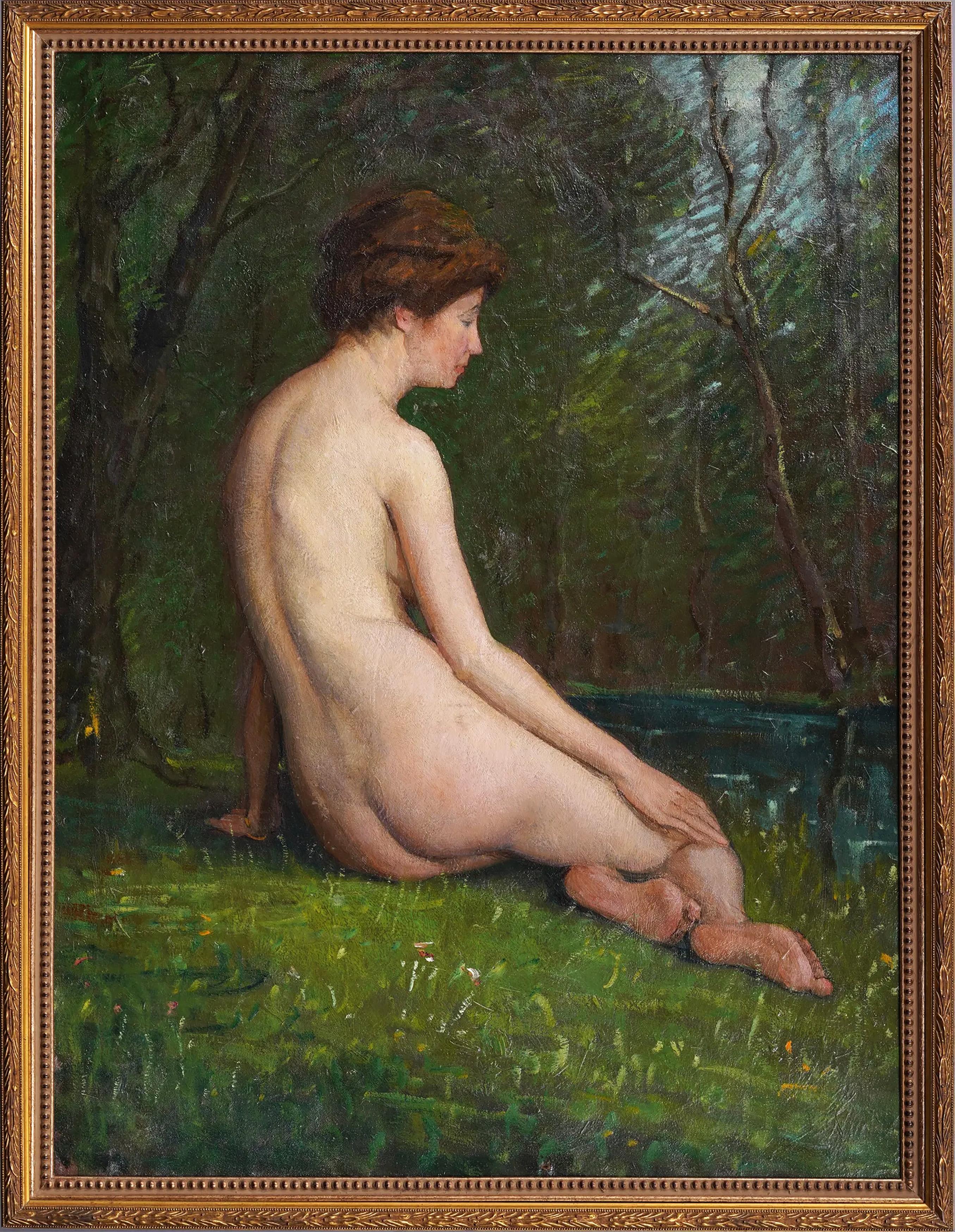 Dipinto a olio con cornice di grandi dimensioni dell'impressionista americano Nudo di donna che fa la bagnante - Painting di William Meyerowitz