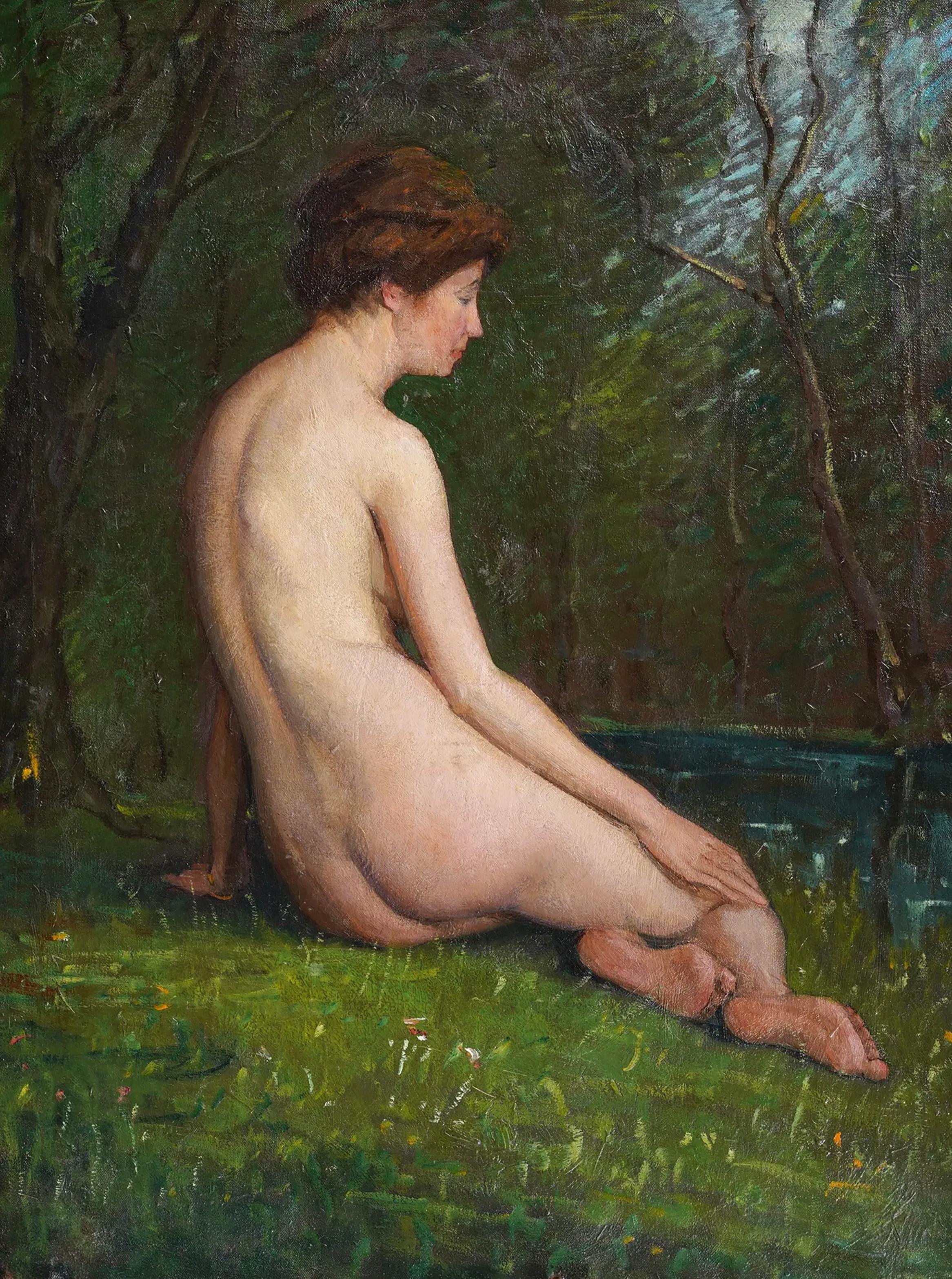 Dipinto a olio con cornice di grandi dimensioni dell'impressionista americano Nudo di donna che fa la bagnante - Painting Impressionismo di William Meyerowitz