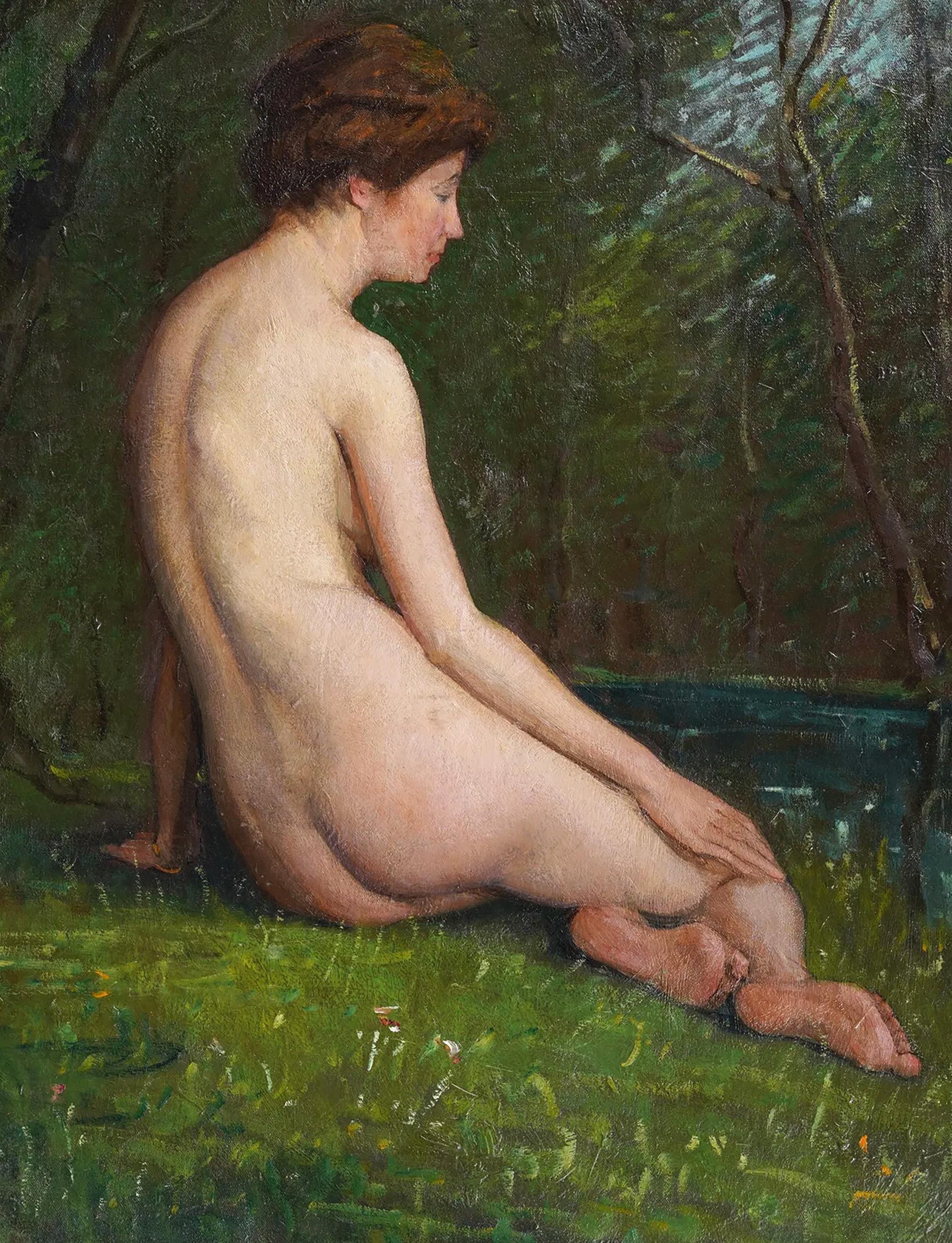 Dipinto a olio con cornice di grandi dimensioni dell'impressionista americano Nudo di donna che fa la bagnante - Nude Painting Nero di William Meyerowitz
