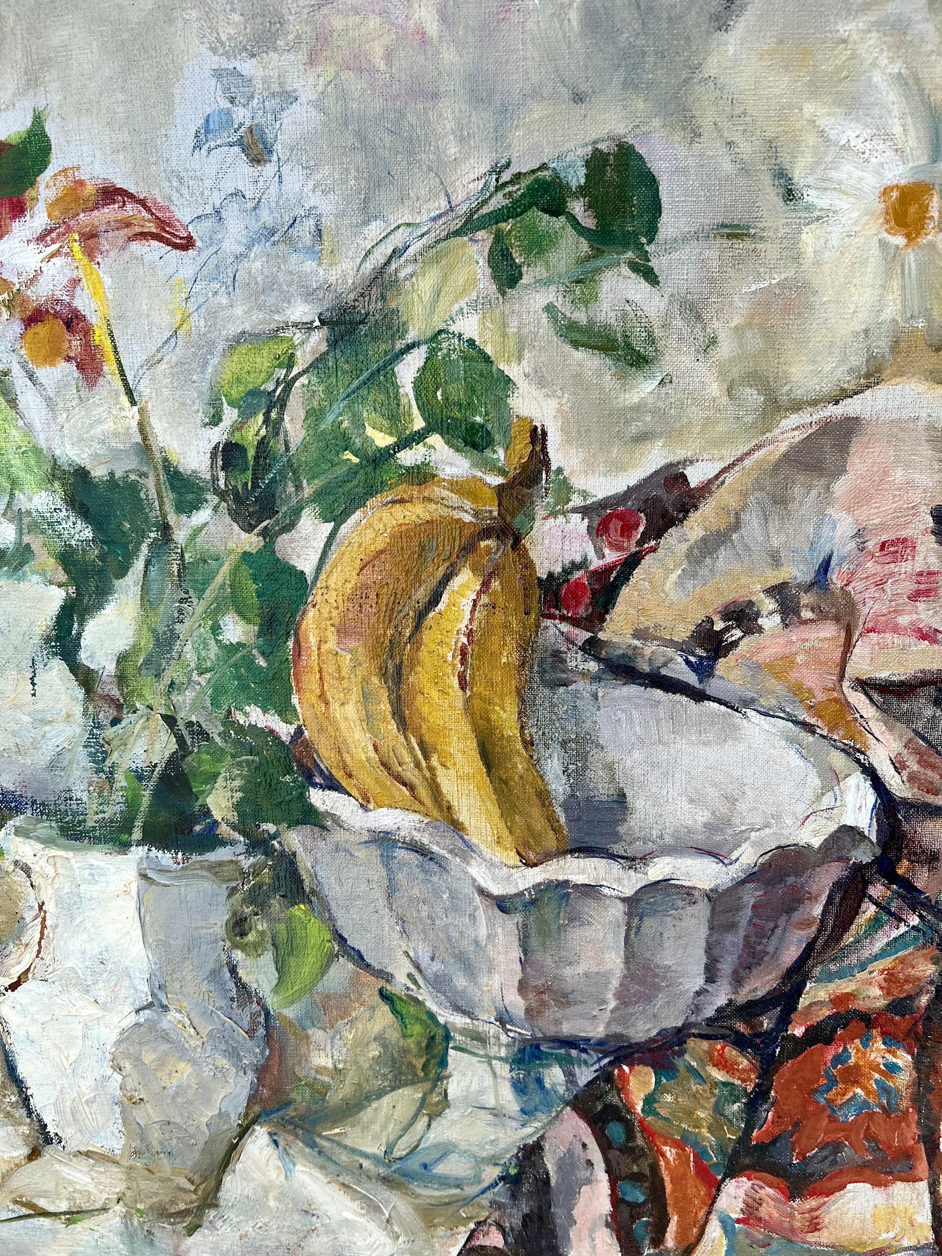 William Meyerowitz (1887 - 1981) 
Oil painting on canvas 
Depicting a  still life scene with fruit bowl, bananas,  flowers and quilt. Post Impressionist oil painting.
Hand signed lower right.  Bears signature but no date.
Dimensions: 24