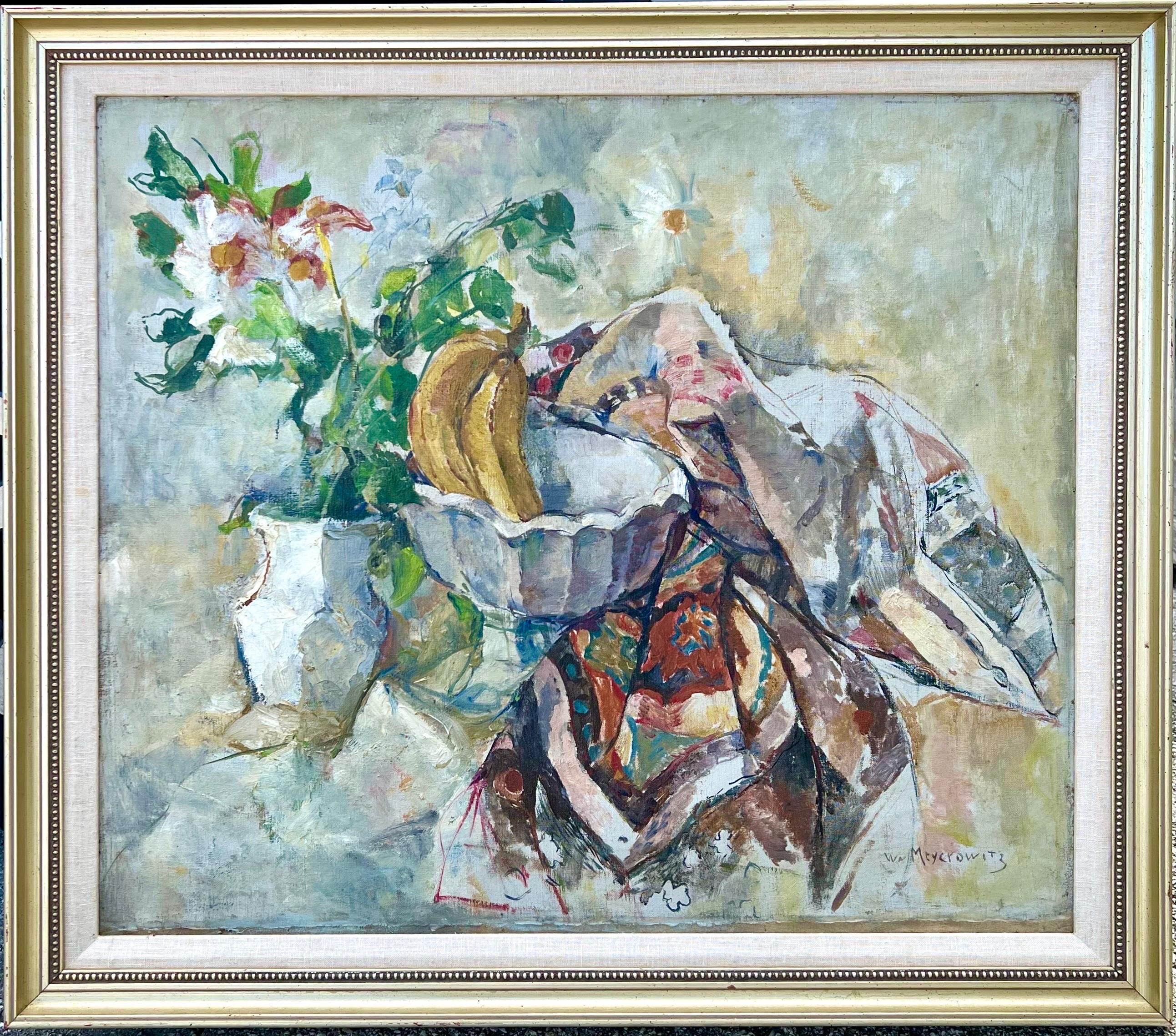 William Meyerowitz (1887 - 1981) 
Ölgemälde auf Leinwand 
Die Darstellung einer  Stillleben mit Obstschale, Bananen,  Blumen und Quilt. Postimpressionistisches Ölgemälde.
Handsigniert unten rechts.  Trägt eine Unterschrift, aber kein