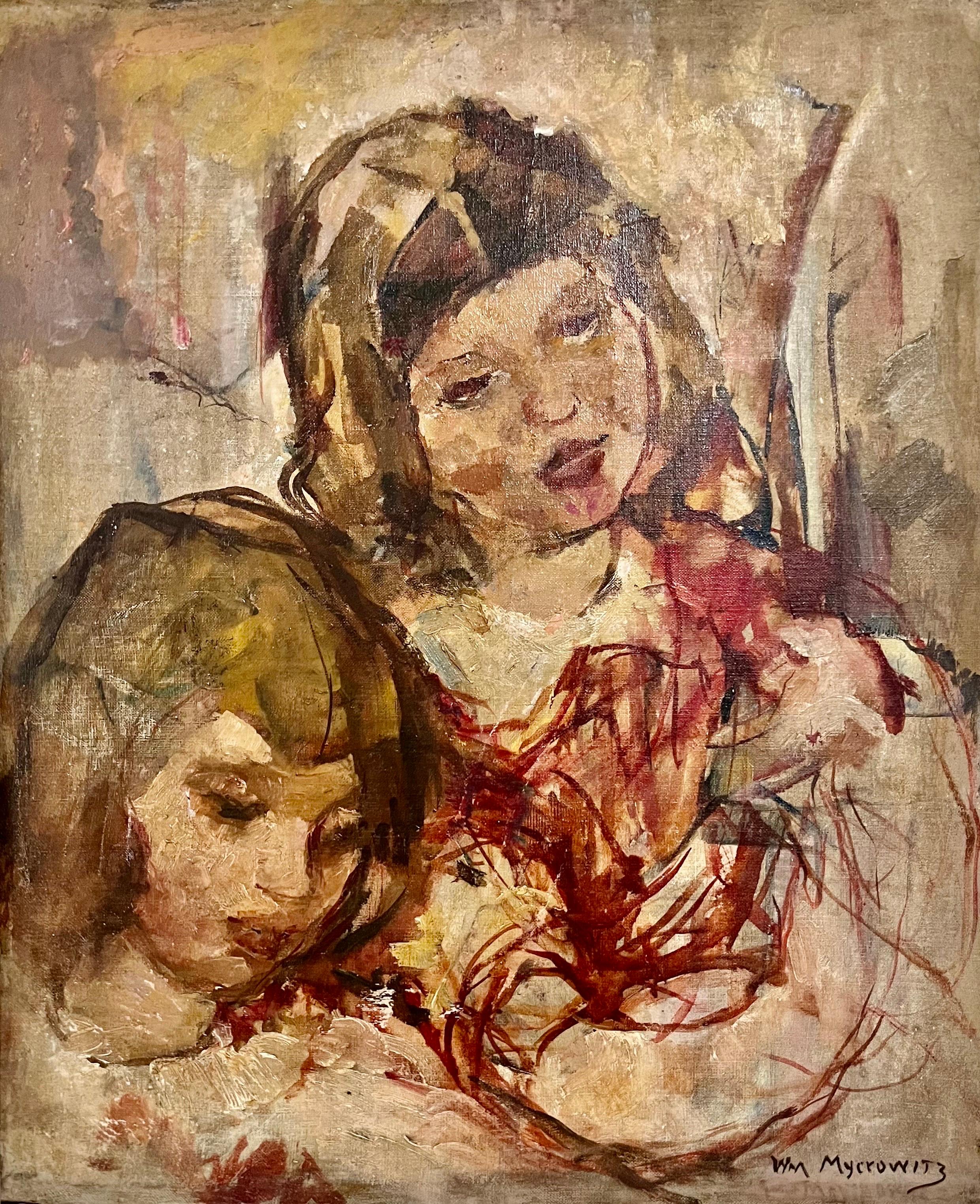 Pittura ad olio post impressionista Due ragazze, sorelle William Meyerowitz Arte WPA 2