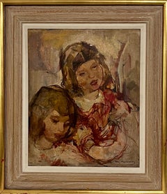 Vintage Post Impressionist Oil Painting Two Girls, Sisters William Meyerowitz WPA Art