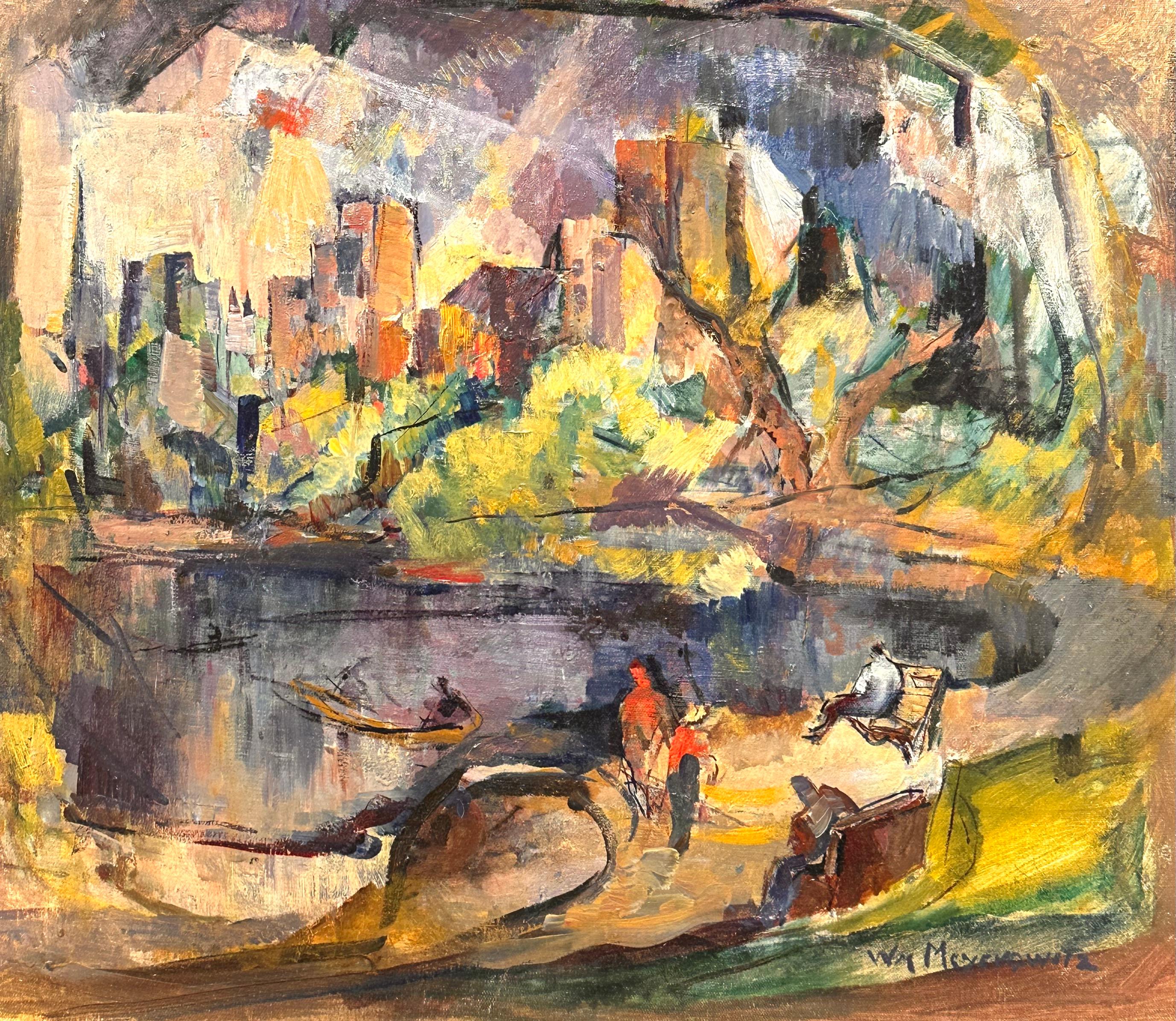 William Meyerowitz Abstract Painting - "The Lake in Central Park, 1947" - New York City Landscape, Cityscape