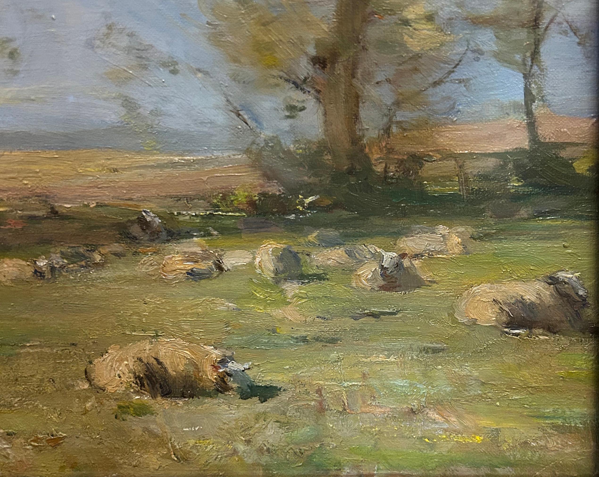 A Summer’s Day by William Miller Frazer (1864-1961) depicts a tranquil countryside scene of sheep grazing and resting. Frazer’s sheep find numerous ways to enjoy the pleasantries of a prospering field. Several luscious, green trees occupy the