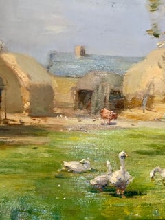 Scottish Impressionist landscape with Geese in a farmyard with trees, hay bales