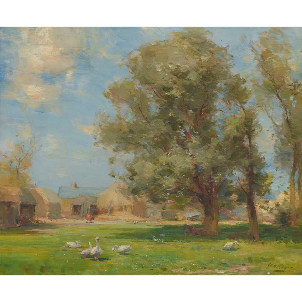 Scottish Impressionist landscape with Geese in a farmyard with trees, hay bales  - Brown Figurative Painting by William Miller Frazer