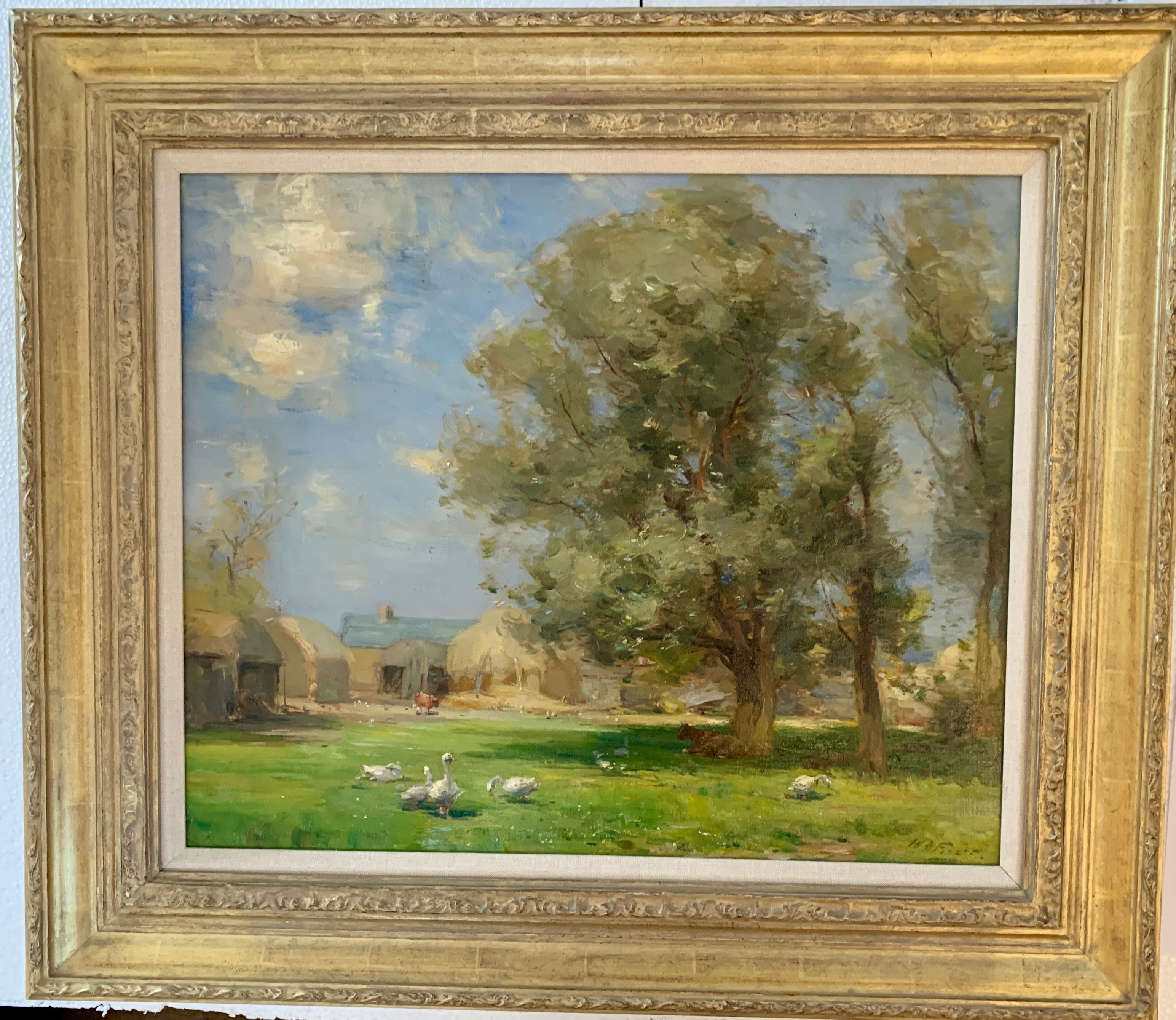 Scottish Impressionist landscape with Geese in a farmyard with trees, hay bales 