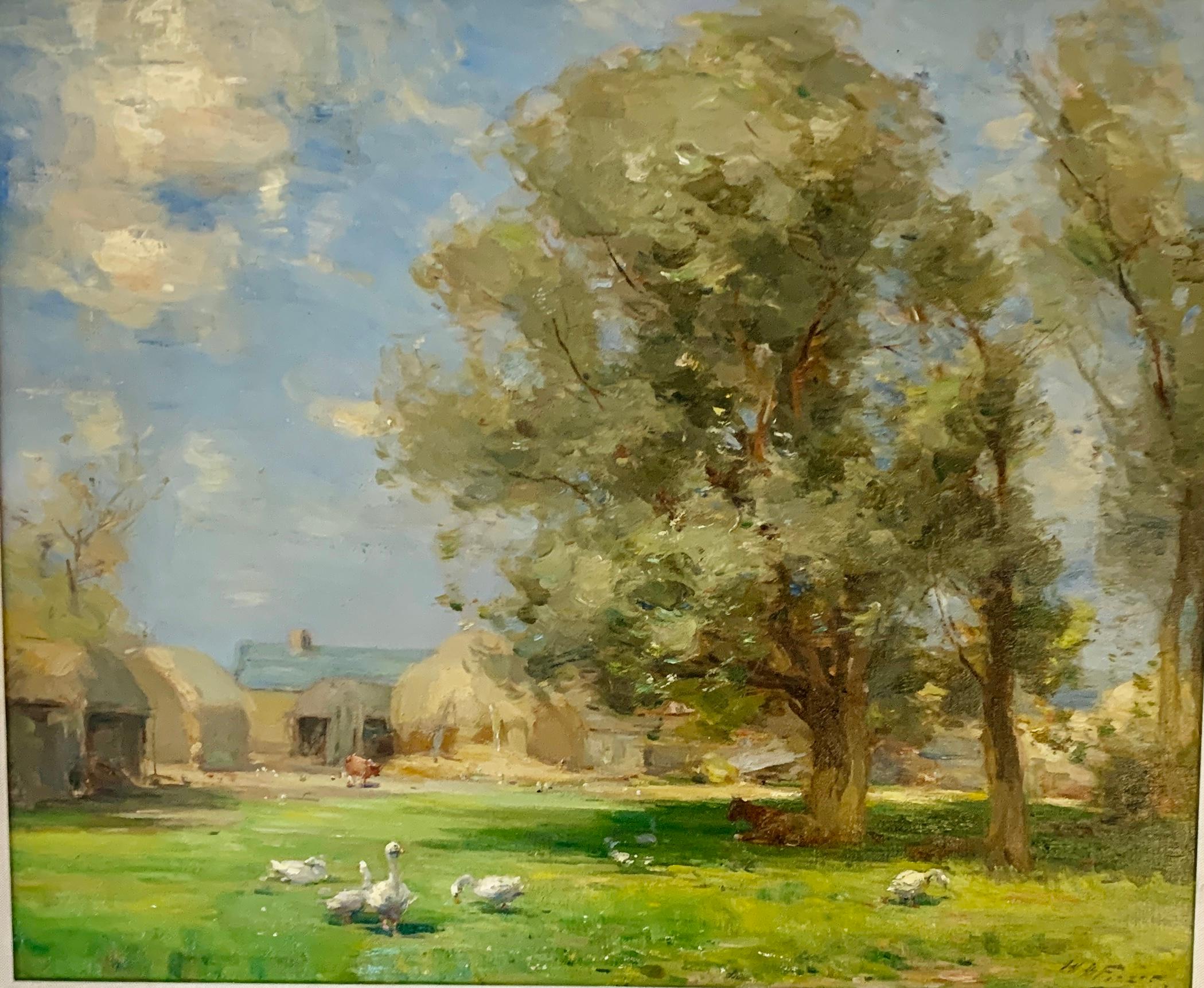 Scottish Impressionist landscape with Geese in a farmyard with trees, hay bales  For Sale 1