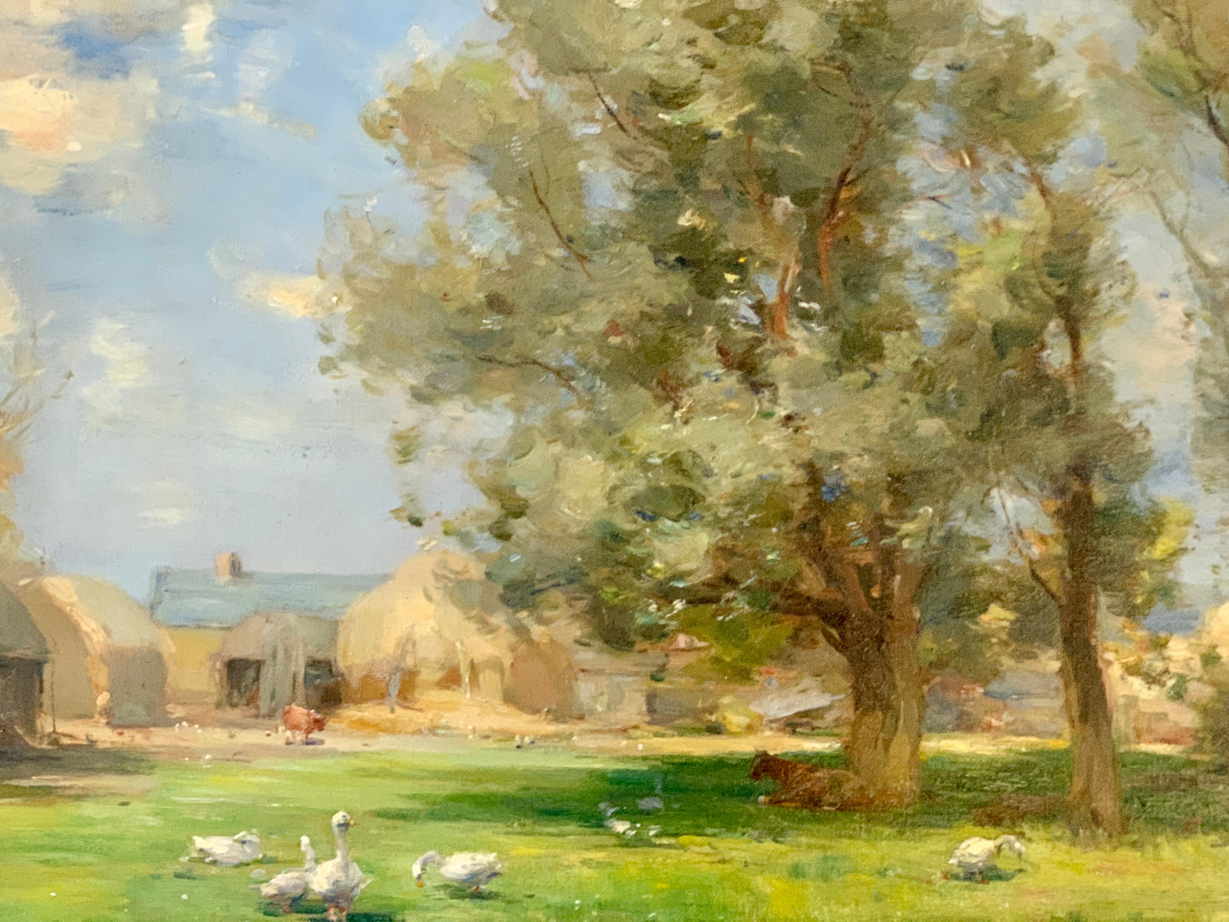 Scottish Impressionist landscape with Geese in a farmyard with trees, hay bales  For Sale 1