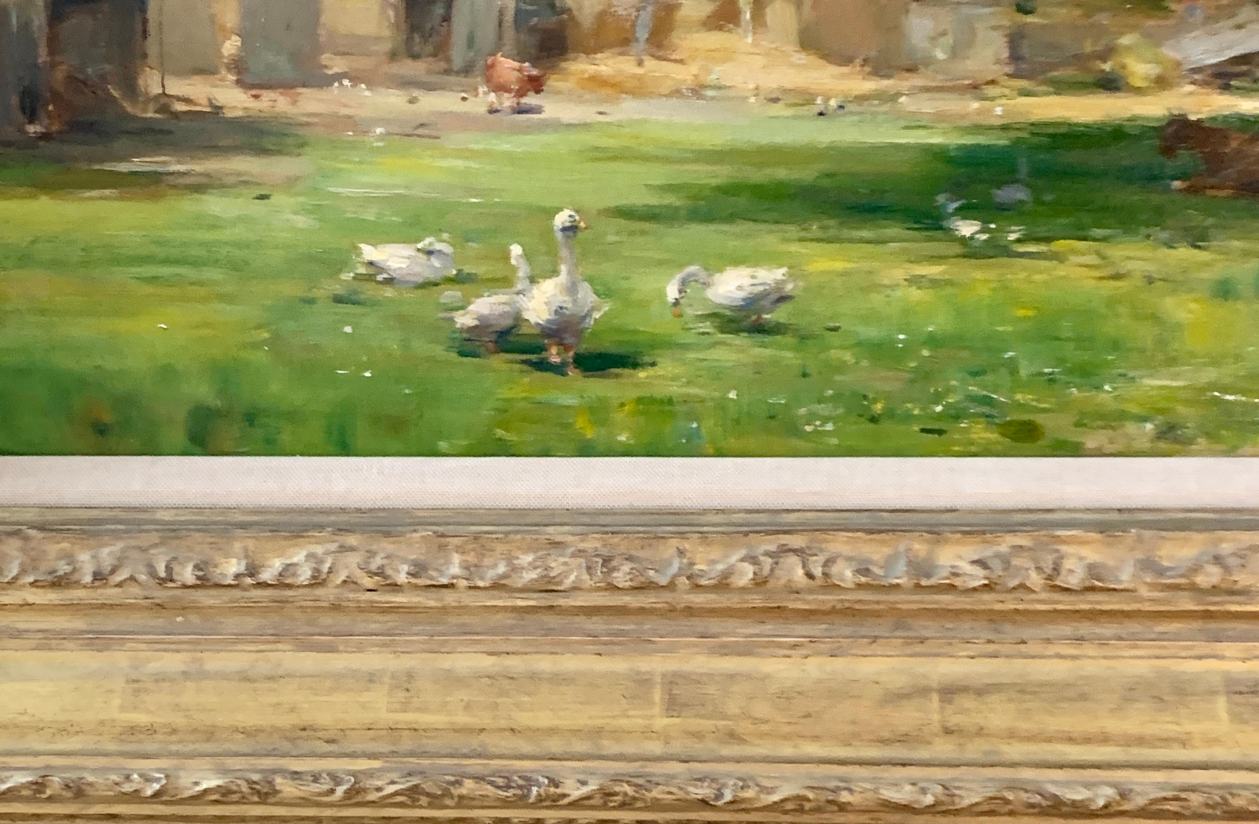 Scottish Impressionist landscape with Geese in a farmyard with trees, hay bales  For Sale 6