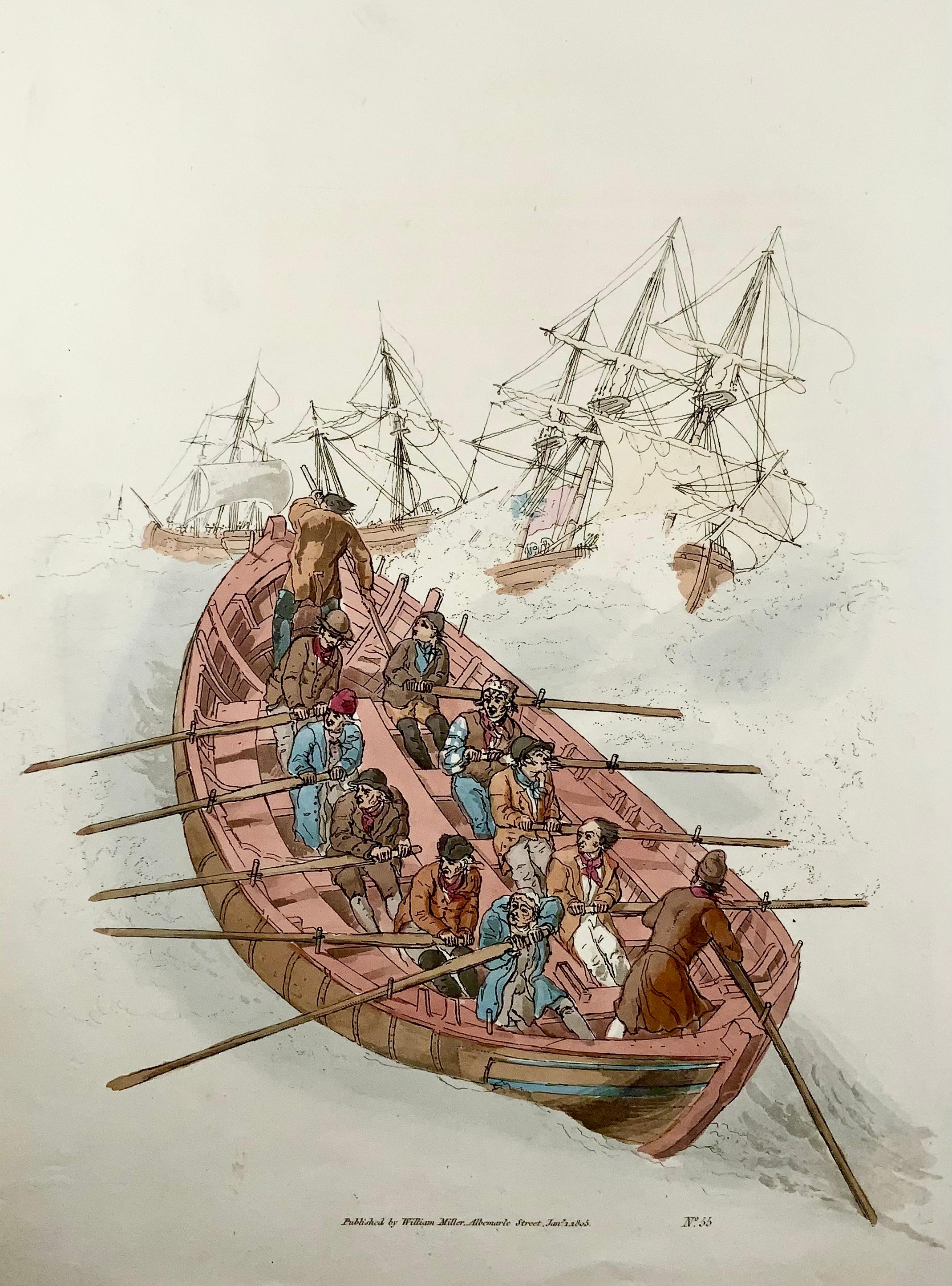 Sea rescuers heading in a row boat to save sailors from ships in a storm.

Hand colored engraving on paper of sailors in a long boat rowing against high seas among closely reefed ships of the line.

Published by William Miller