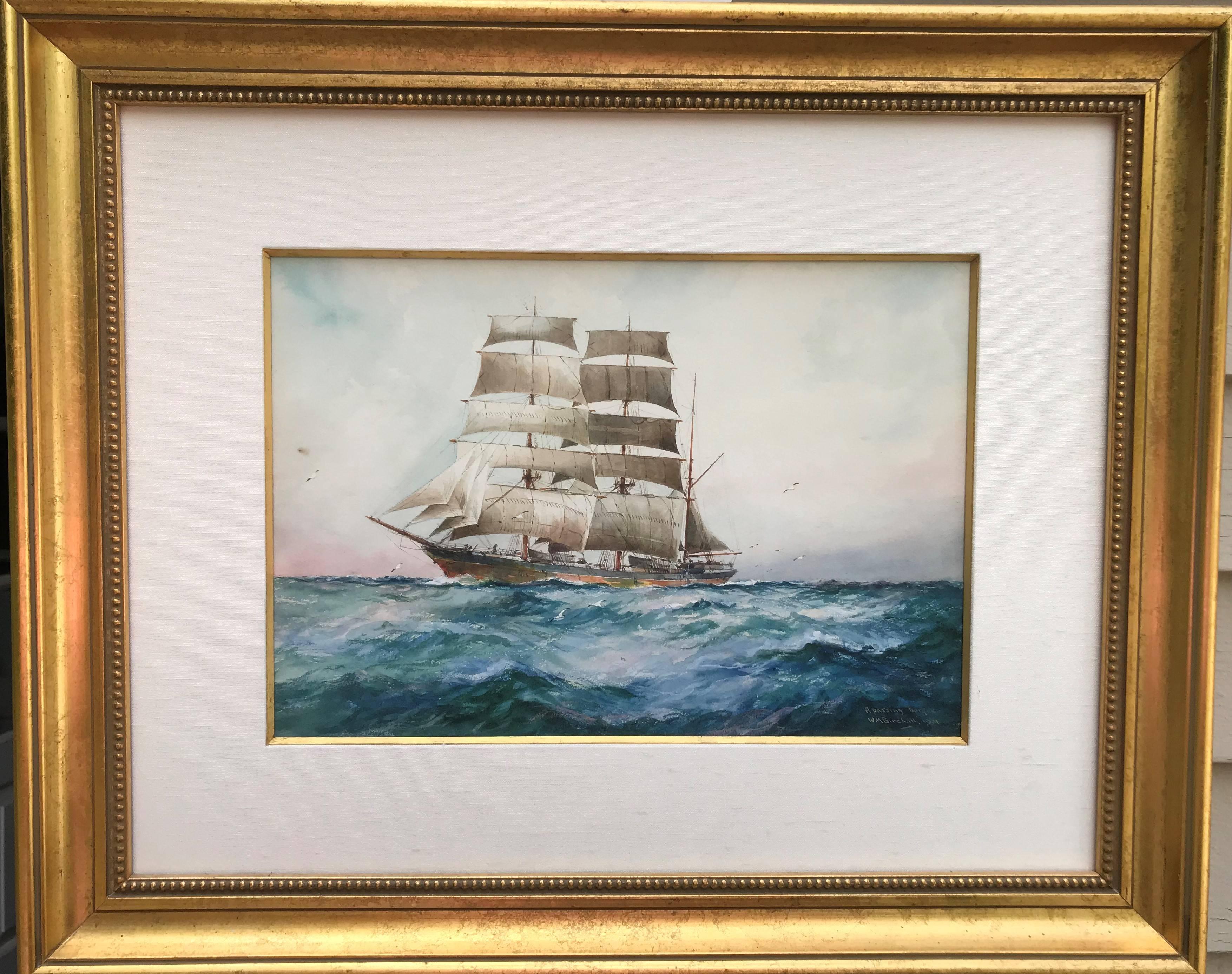 A Passing Sailing Barque in the Open Ocean - Painting by William Minshall Birchall