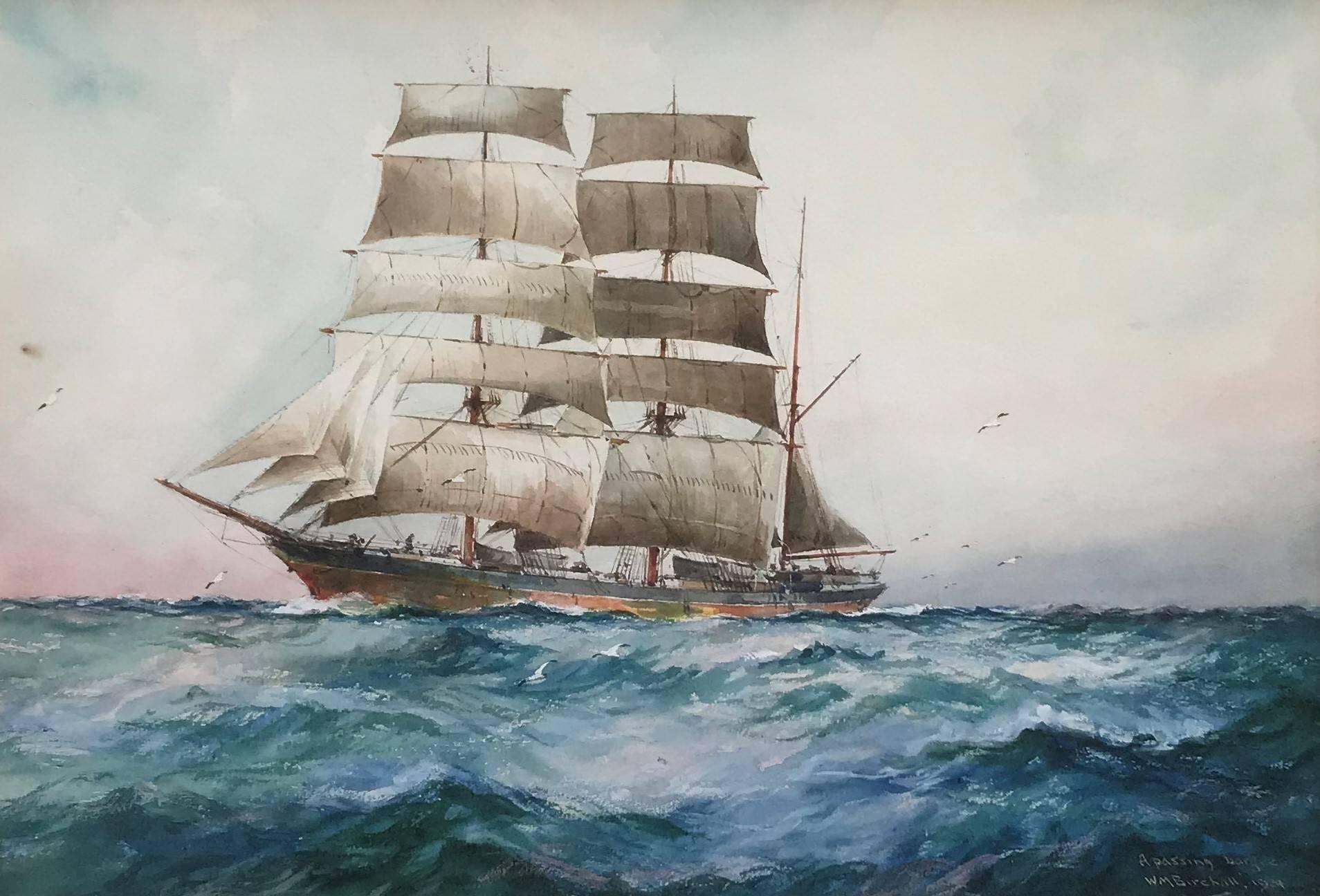 William Minshall Birchall Landscape Painting - A Passing Sailing Barque in the Open Ocean
