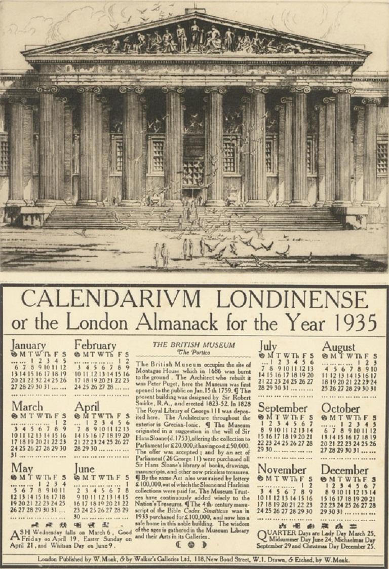 William Monk (1863-1937) - 1935 Etching, British Museum, Calendarium Londinense For Sale 1