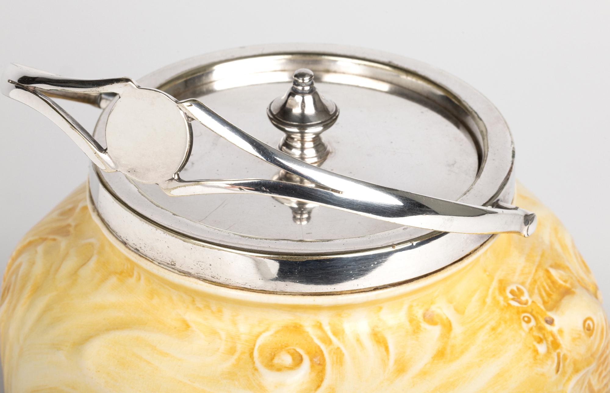 Art Nouveau William Moorcoft for James MacIntyre Fish Pattern Silver Mounted Biscuit Jar For Sale