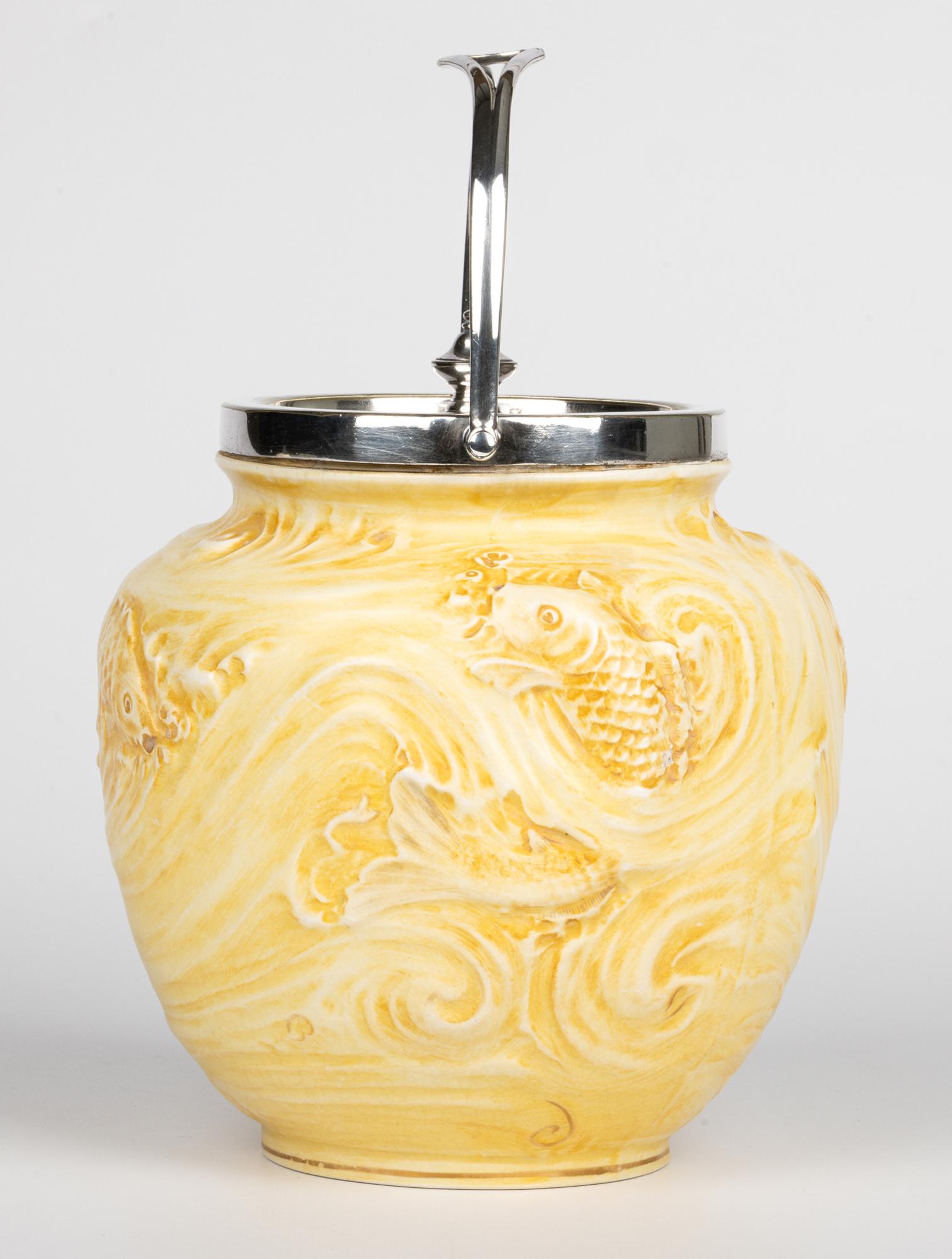 William Moorcoft for James MacIntyre Fish Pattern Silver Mounted Biscuit Jar In Good Condition For Sale In Bishop's Stortford, Hertfordshire