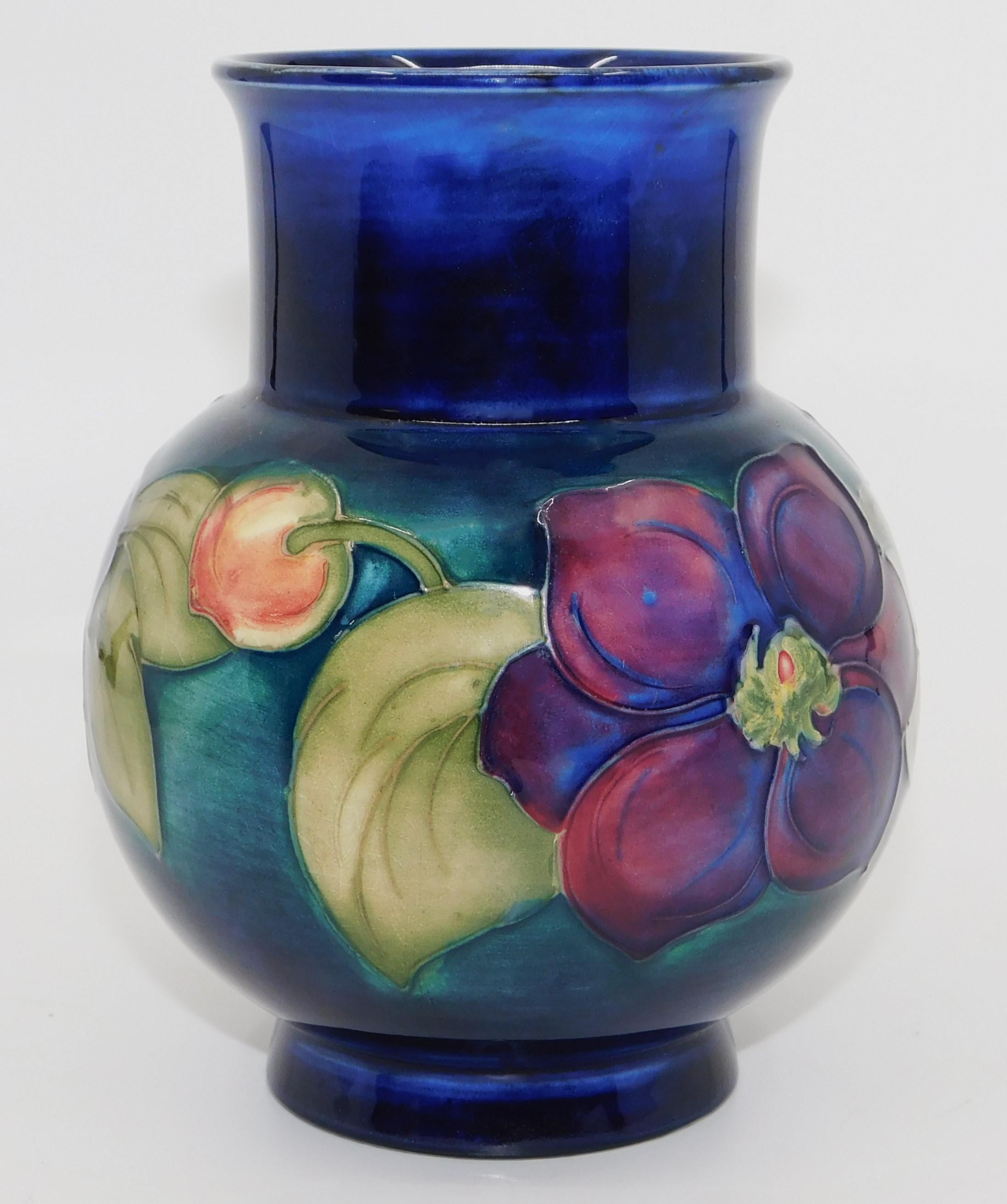 English William Moorcroft Clematis Cobalt Art Pottery Vase Circa 1940 England
