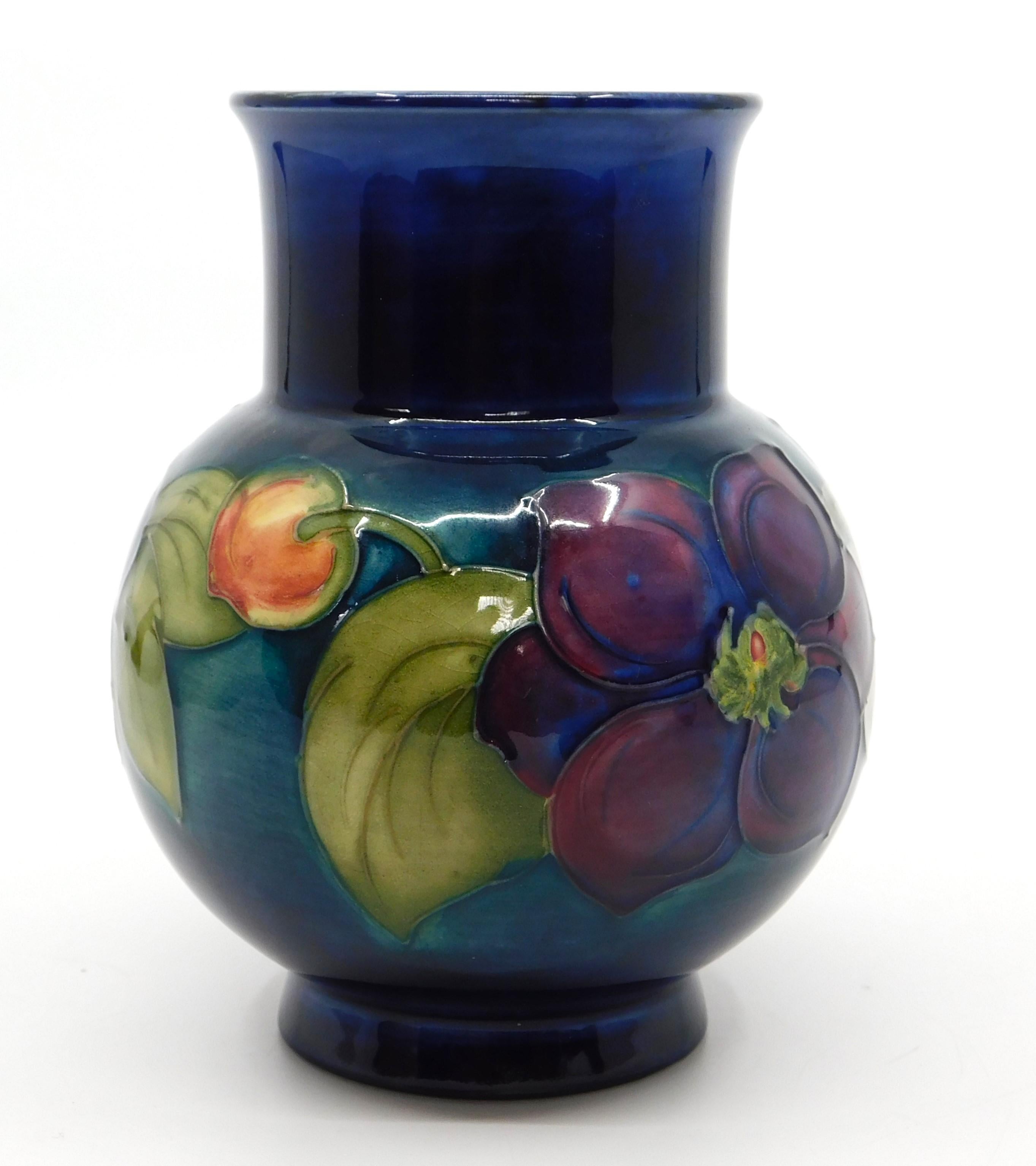 Hand-Crafted William Moorcroft Clematis Cobalt Art Pottery Vase Circa 1940 England For Sale