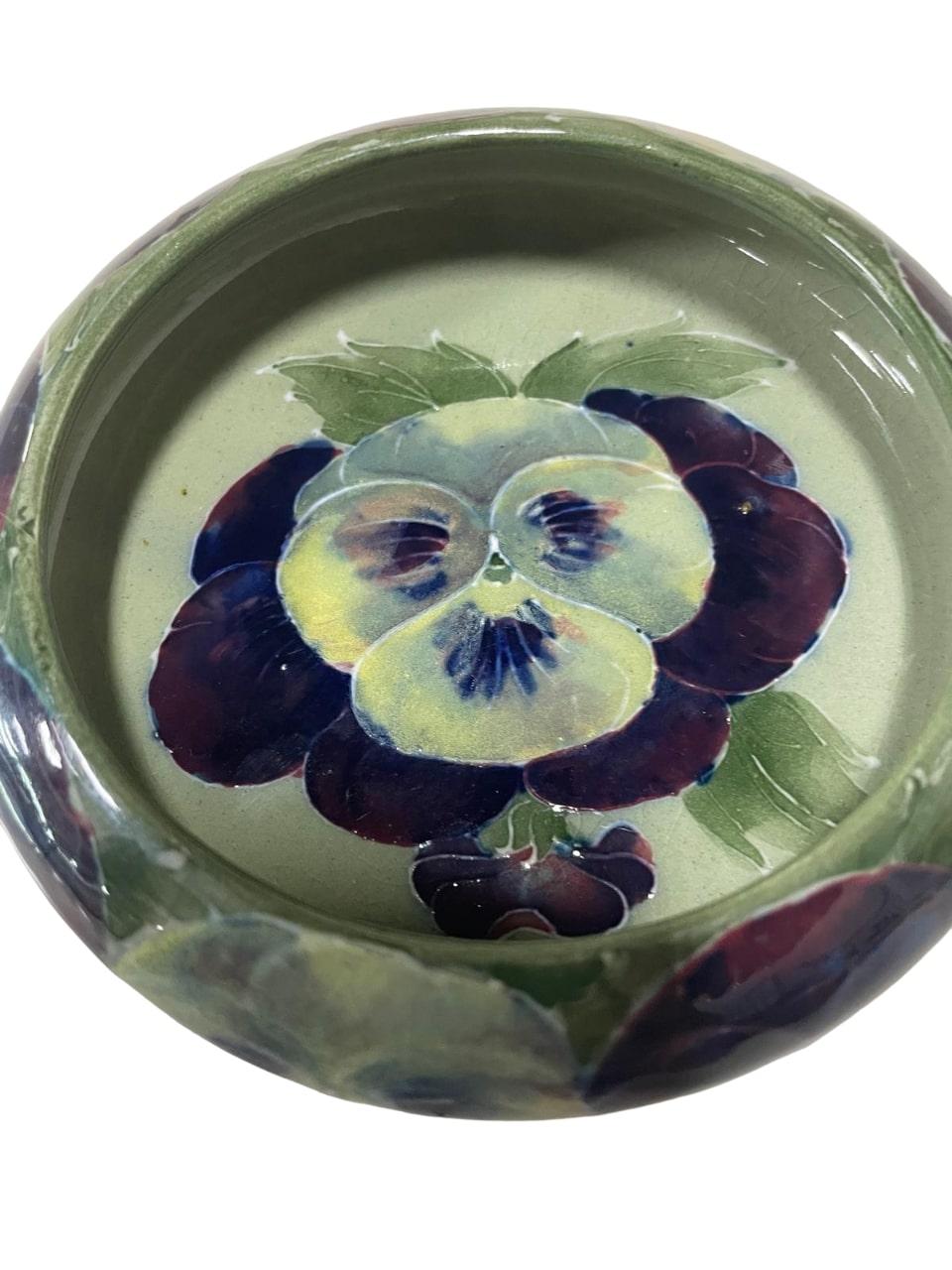 Glazed William MOORCROFT footed dish/bowl decorated with Pansies For Sale