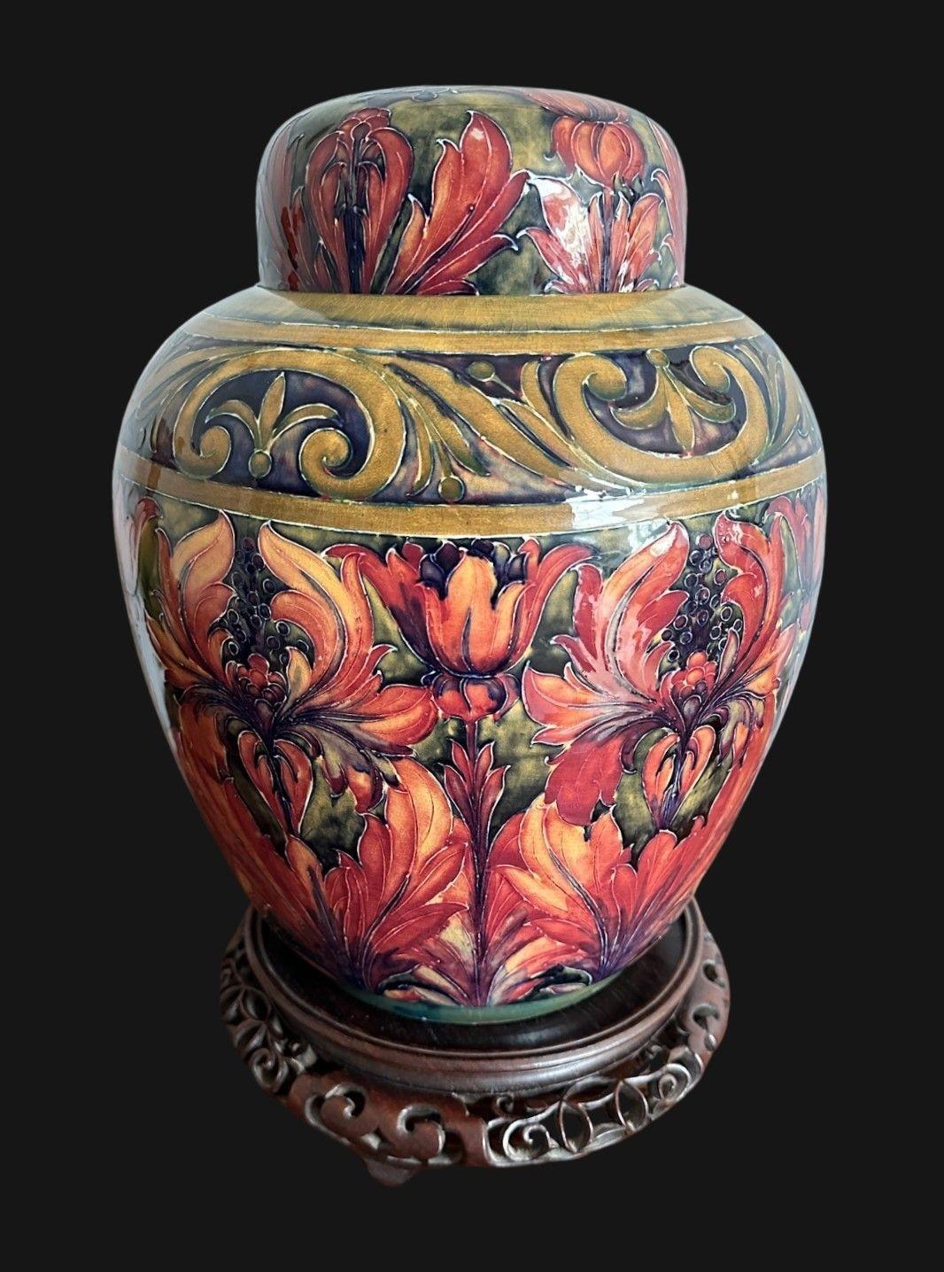 5507
William Moorcroft Ginger Jar Lampbase on a carved hardwood stand
Decorated in the Spanish Design and featured on Page 83 of “William Moorcroft” by Atterbury, this is likely an exhibition piece and is dated 1914
33cm high, 23.5cm wide