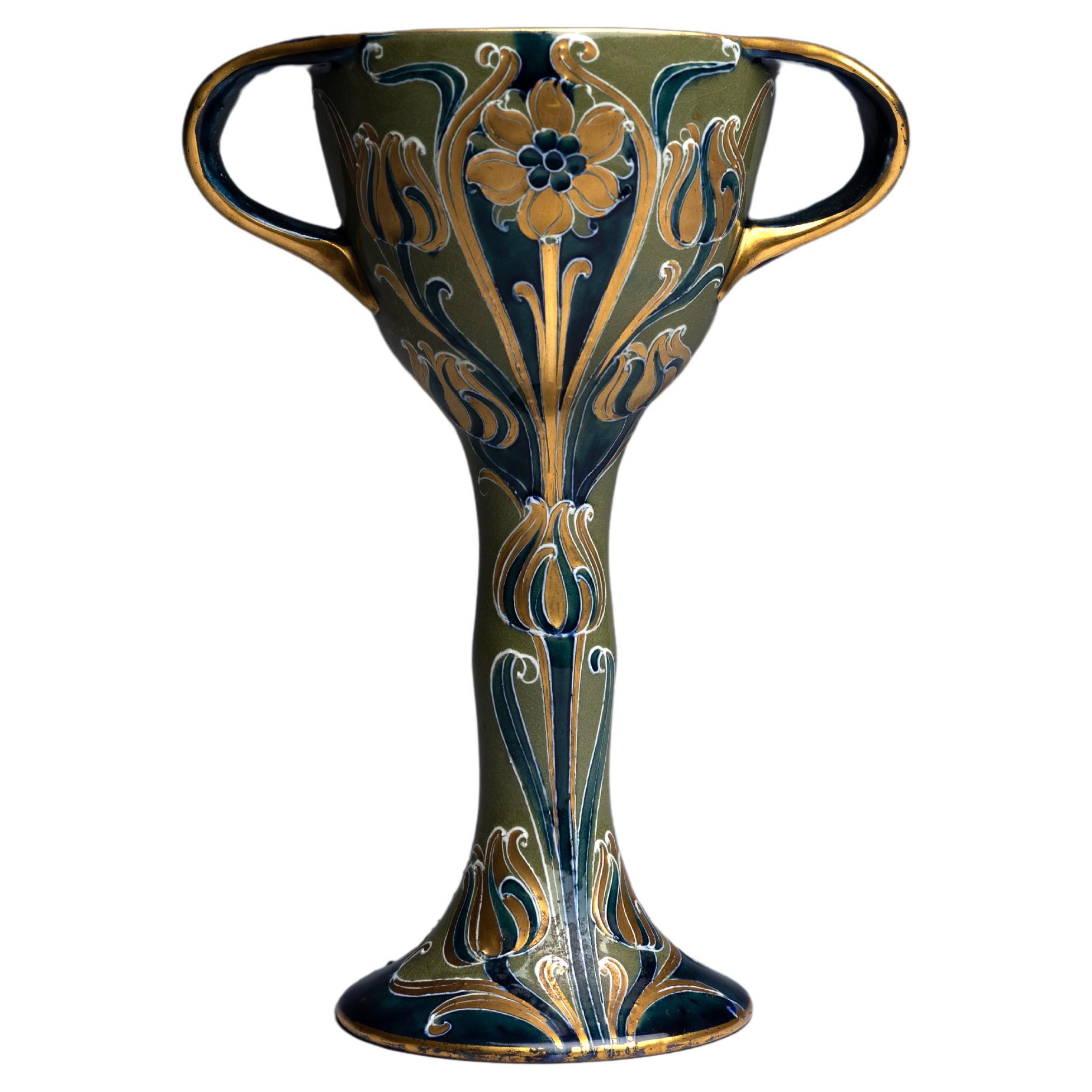 William Moorcroft Green and Gold Florian Ware Goblet For Sale