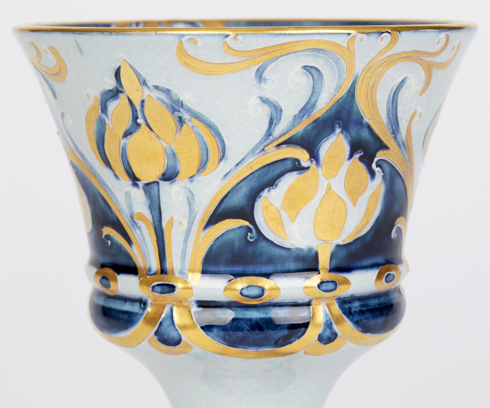 Art Nouveau James MacIntyre & Co. Florian Ware goblet decorated with tube lined decoration in a ‘Dahlia’ variant design by William Moorcroft and dating from 1903. William Moorcroft started out as a designer before becoming director of the art