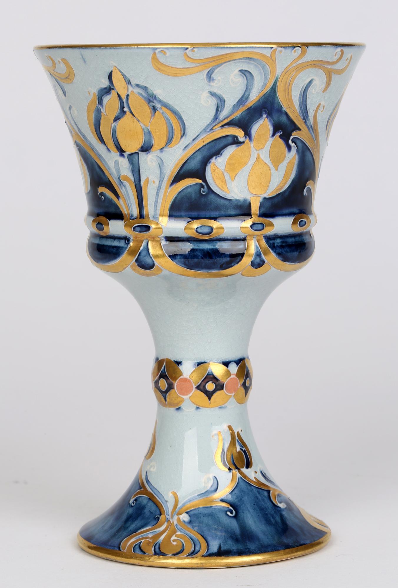 Glazed William Moorcroft Macintyre Art Nouveau Blue Dahlia Pattern Goblet For Sale